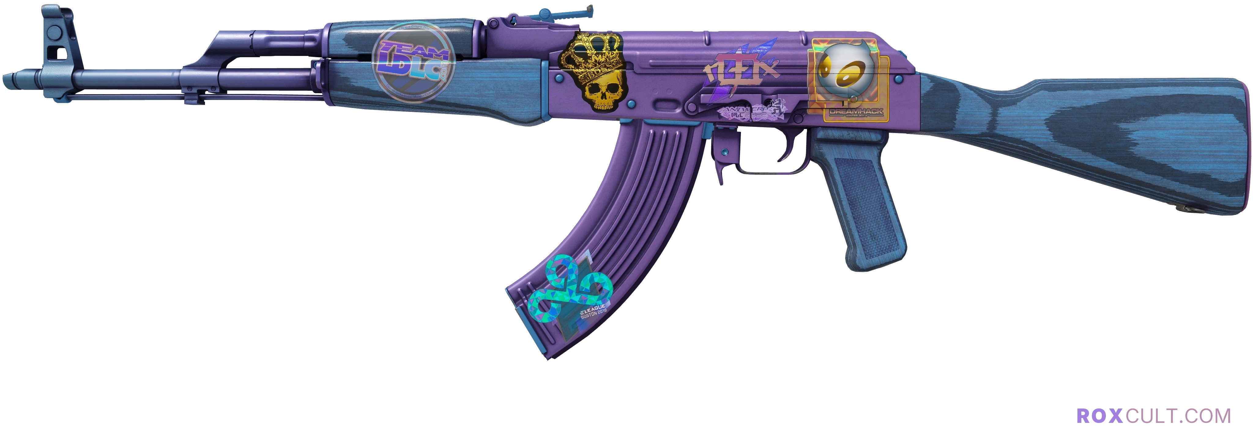 AK-47 | Midnight Laminate (Factory New) — rox (Holo) Antwerp 2022 craft, playside view with 1 rox (Holo) sticker