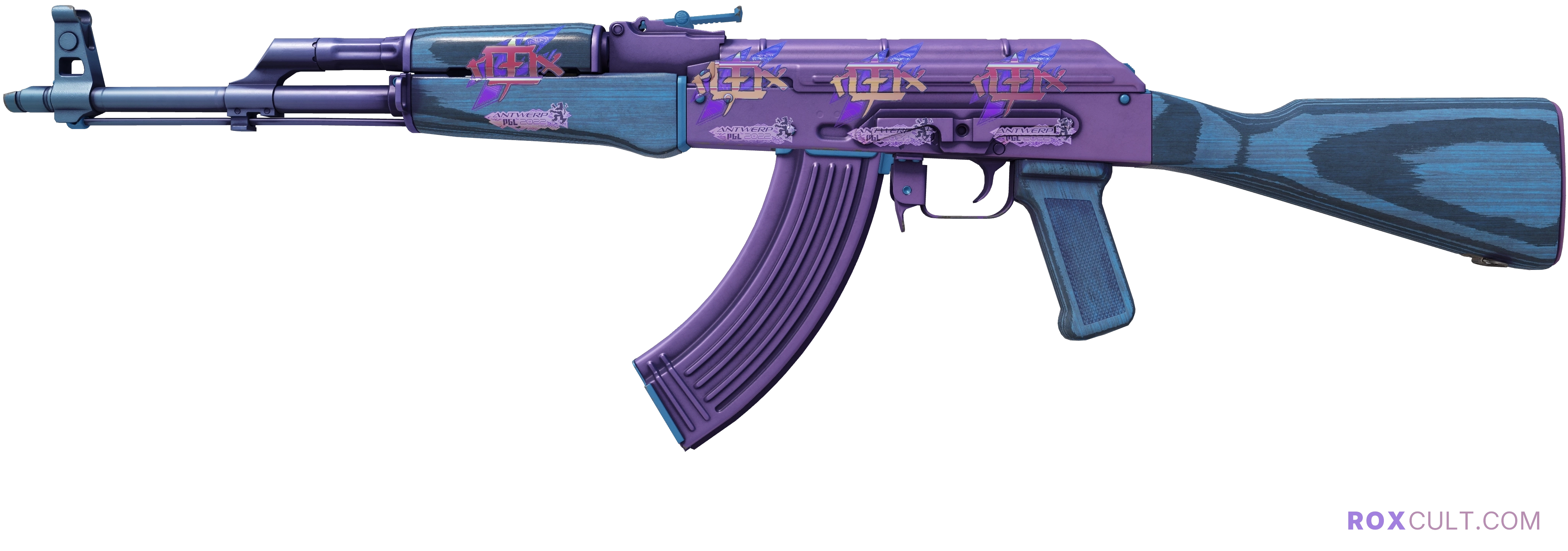 AK-47 | Midnight Laminate (Factory New) — rox (Holo) Antwerp 2022 craft, playside view with 4 rox (Holo) stickers