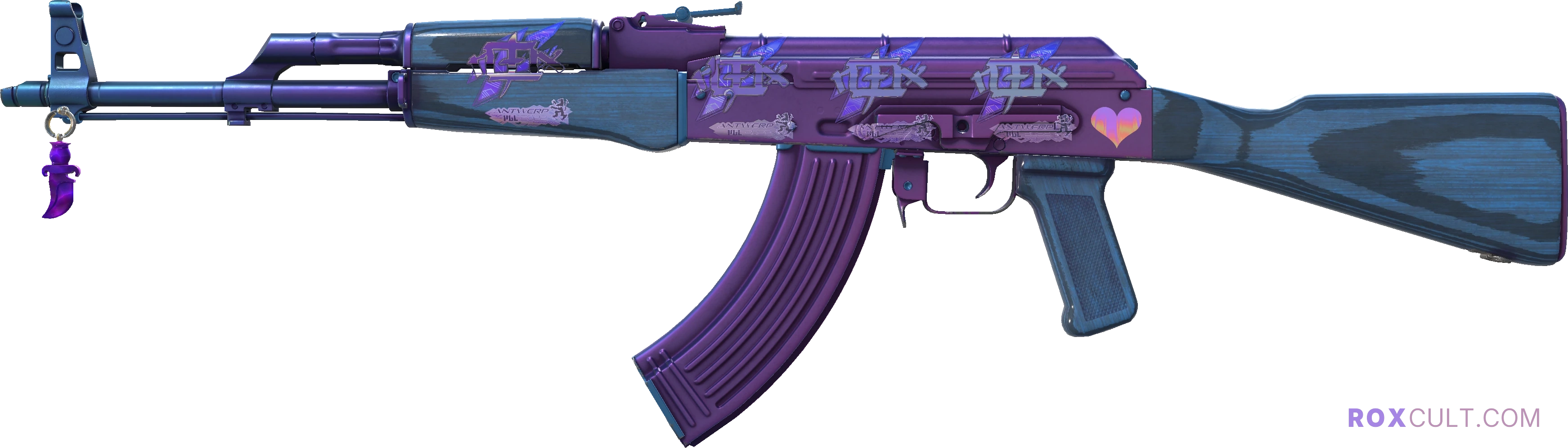 AK-47 | Midnight Laminate (Factory New) — rox (Holo) Antwerp 2022 craft, playside view with 4 rox (Holo) stickers