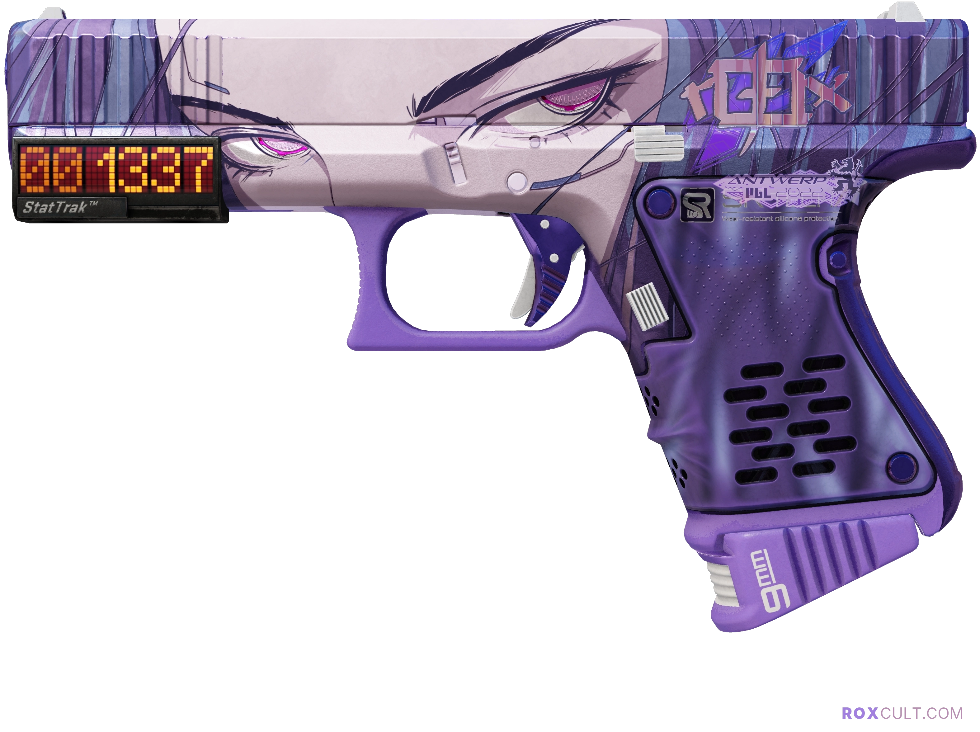 StatTrak™ Glock-18 | Shinobu (Factory New) — rox (Holo) Antwerp 2022 craft, playside view with 1 rox (Holo) sticker