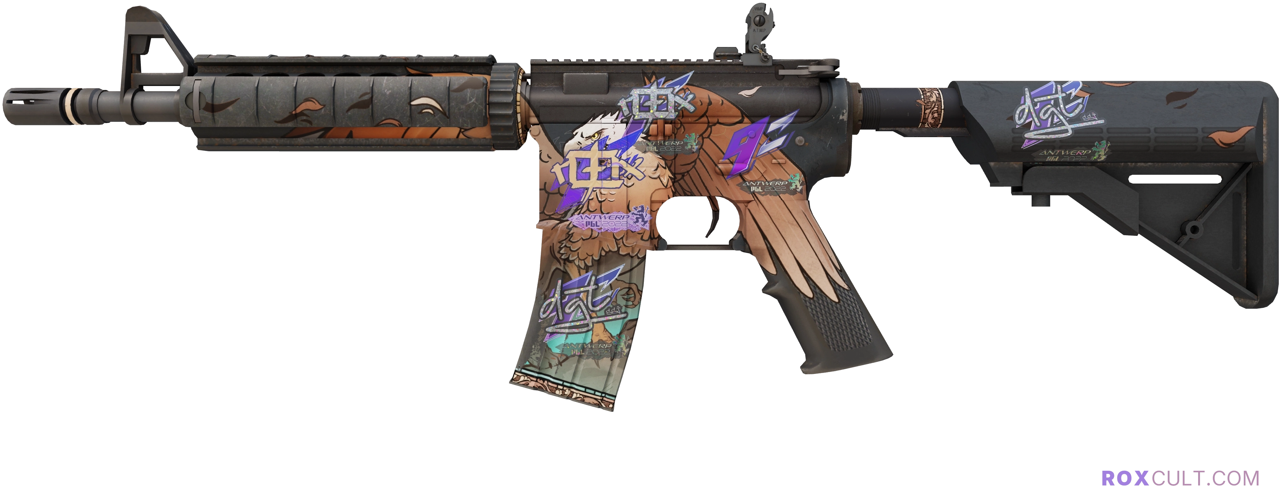 M4A4 | Griffin (Field-Tested) — rox (Holo) Antwerp 2022 craft, playside view with 1 rox (Holo) sticker