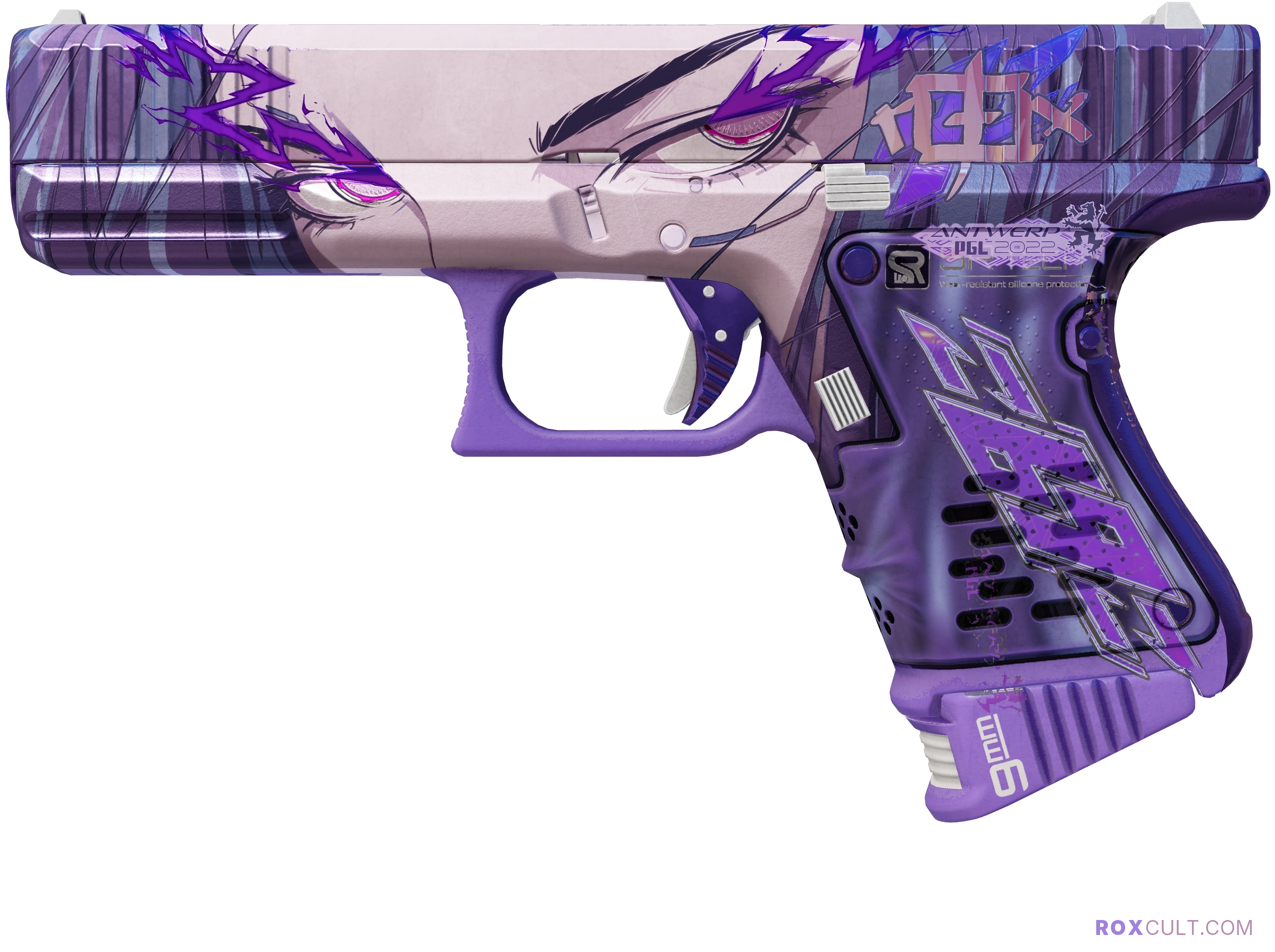Glock-18 | Shinobu (Minimal Wear) — rox (Holo) Antwerp 2022 craft, playside view with 1 rox (Holo) sticker