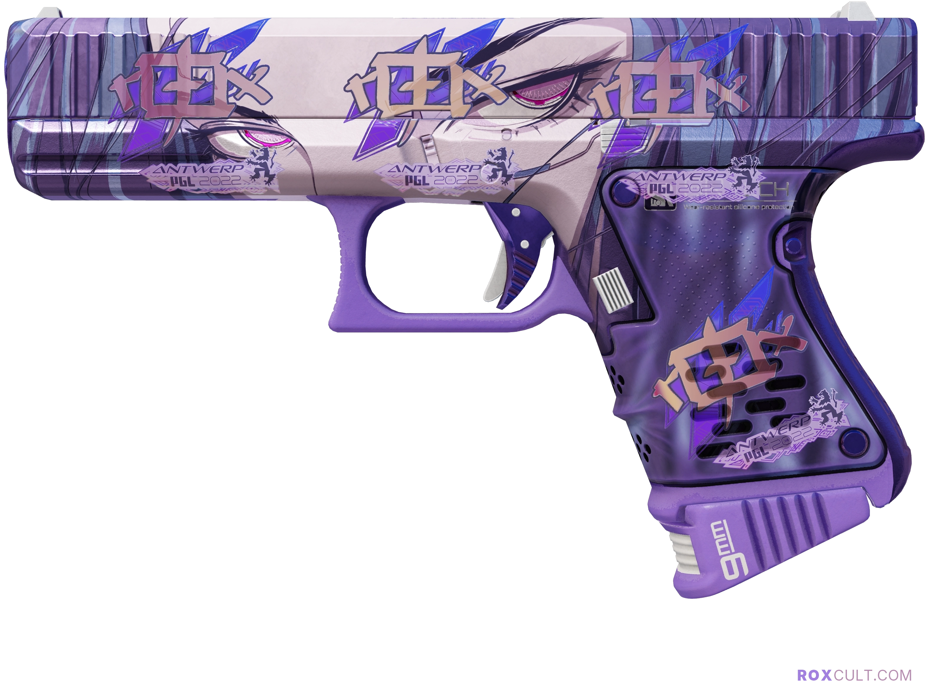 Glock-18 | Shinobu (Factory New) — rox (Holo) Antwerp 2022 craft, playside view with 4 rox (Holo) stickers