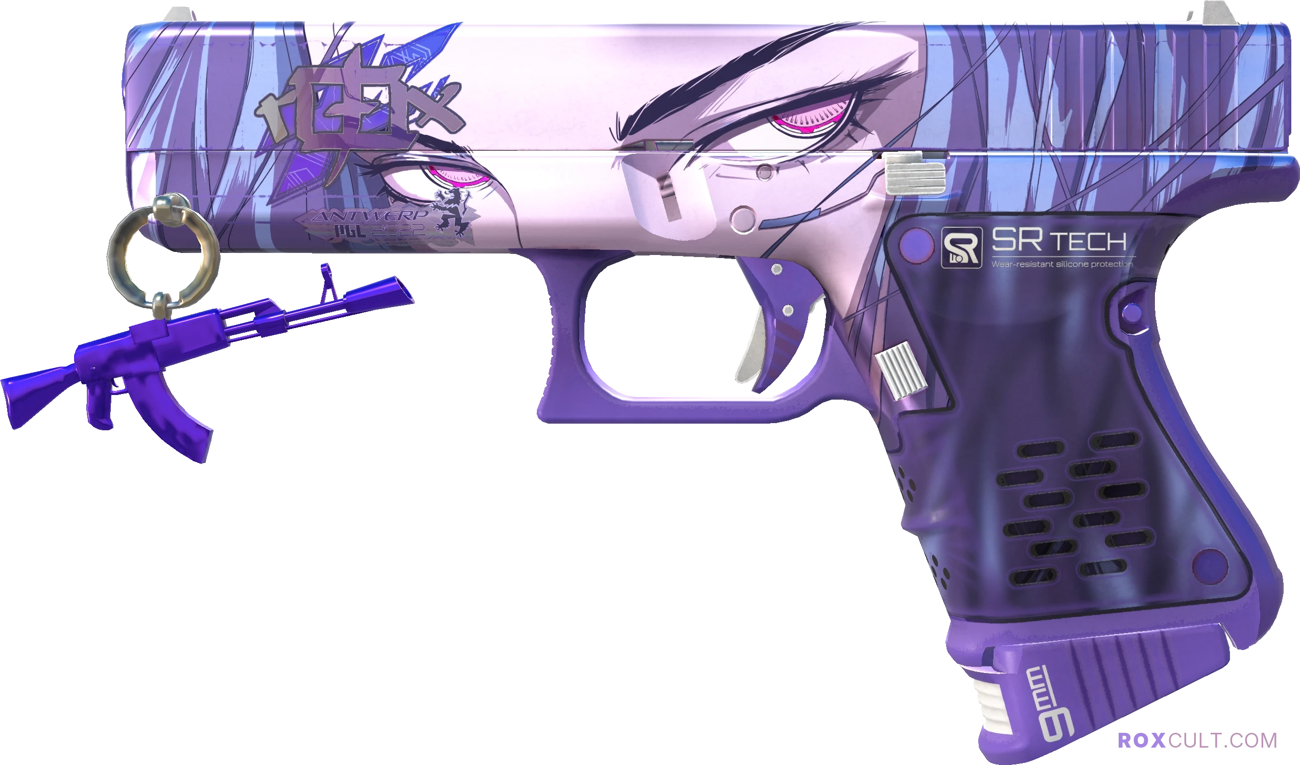 Glock-18 | Shinobu (Factory New) — rox (Holo) Antwerp 2022 craft, playside view with 1 rox (Holo) sticker