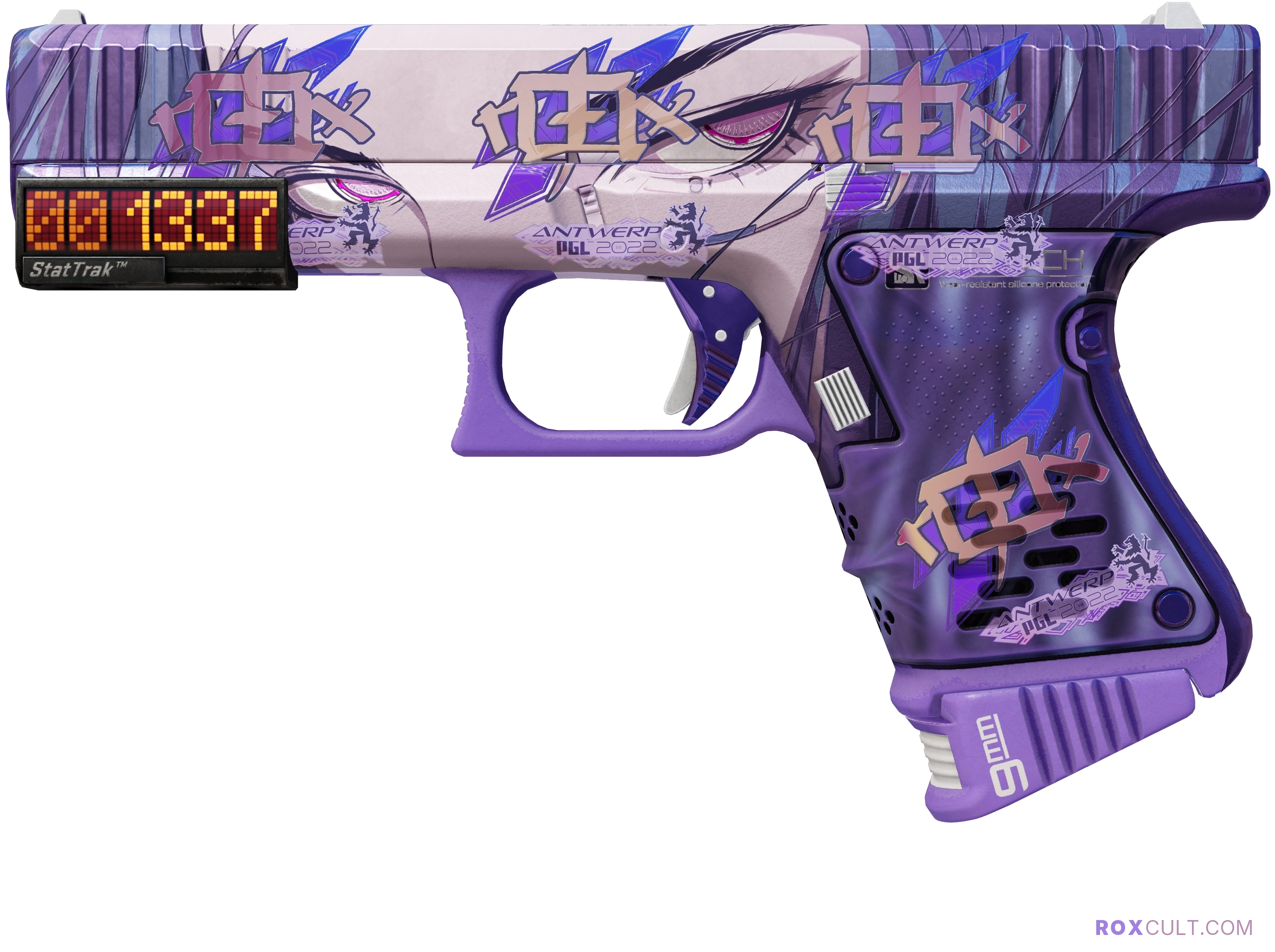 StatTrak™ Glock-18 | Shinobu (Factory New) — rox (Holo) Antwerp 2022 craft, playside view with 4 rox (Holo) stickers