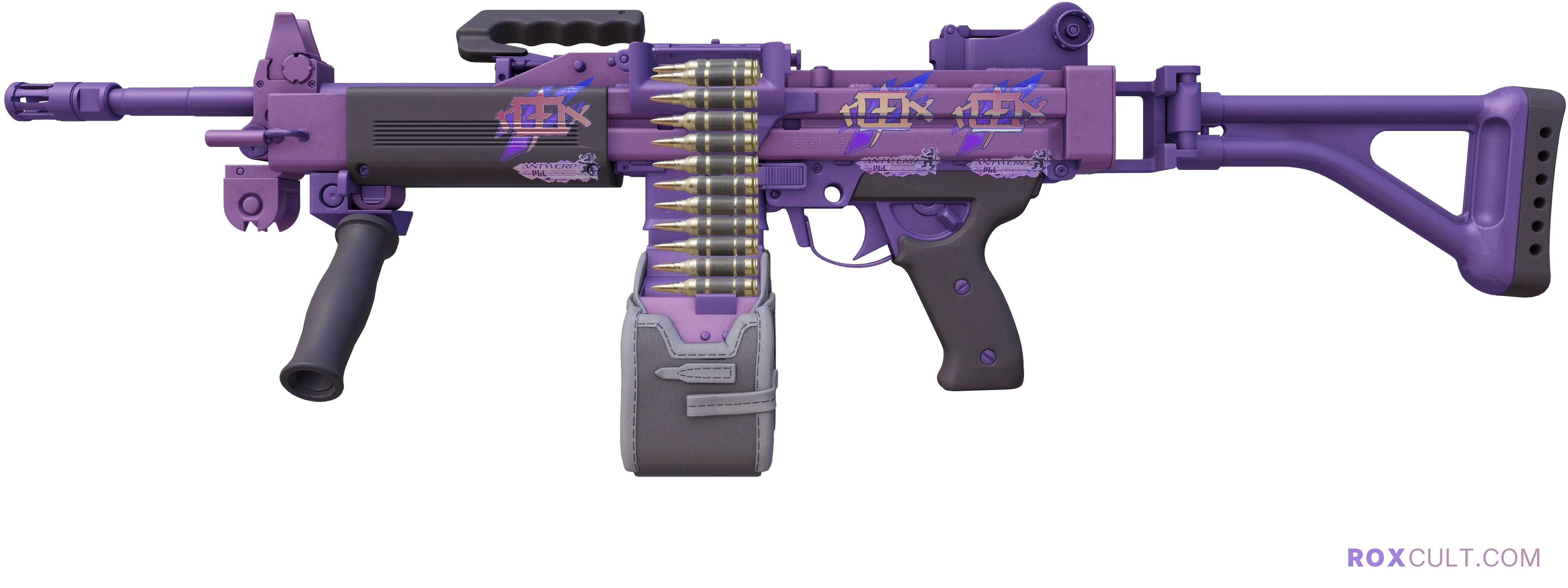Negev | Sour Grapes (Factory New) — rox (Holo) Antwerp 2022 craft, playside view with 3 rox (Holo) stickers