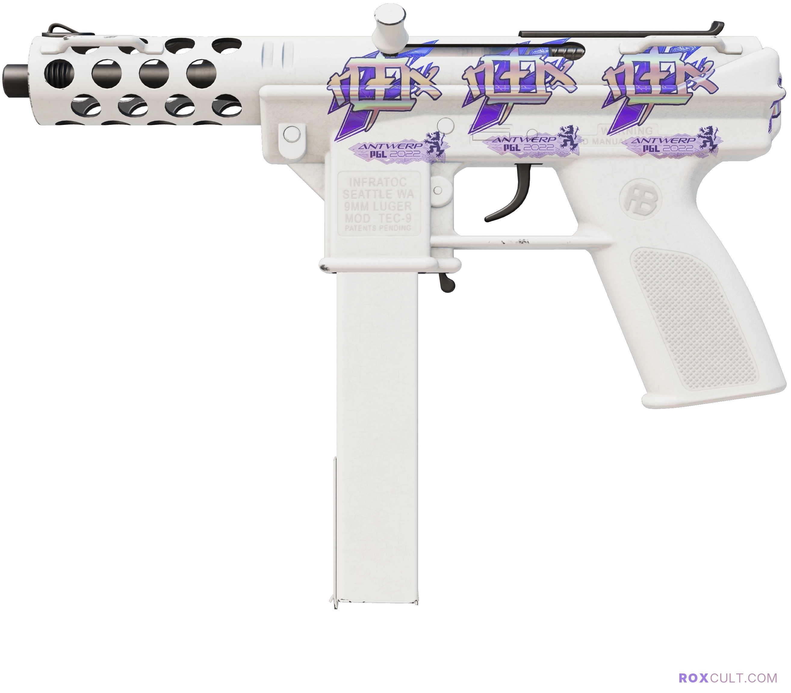 Tec-9 | Whiteout (Factory New) — rox (Holo) Antwerp 2022 craft, playside view with 4 rox (Holo) stickers