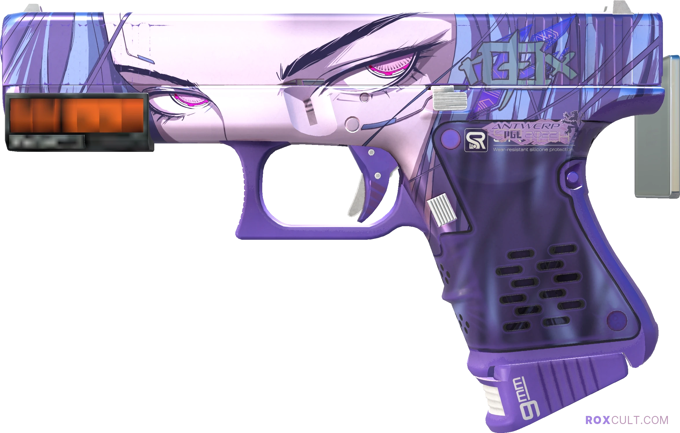 StatTrak™ Glock-18 | Shinobu (Factory New) — rox (Holo) Antwerp 2022 craft, playside view with 1 rox (Holo) sticker