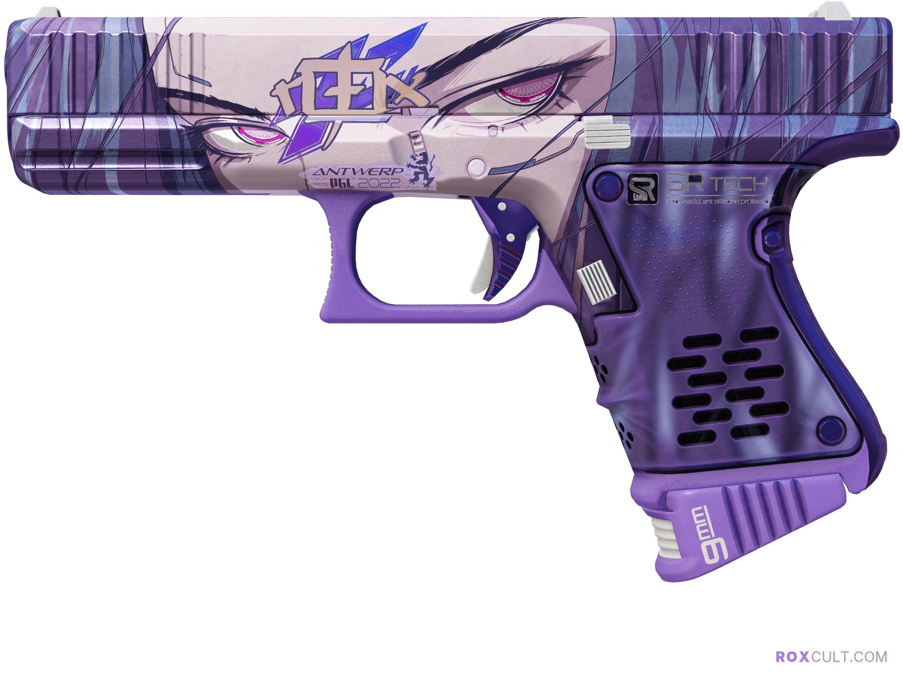 Glock-18 | Shinobu (Factory New) — rox (Holo) Antwerp 2022 craft, playside view with 1 rox (Holo) sticker