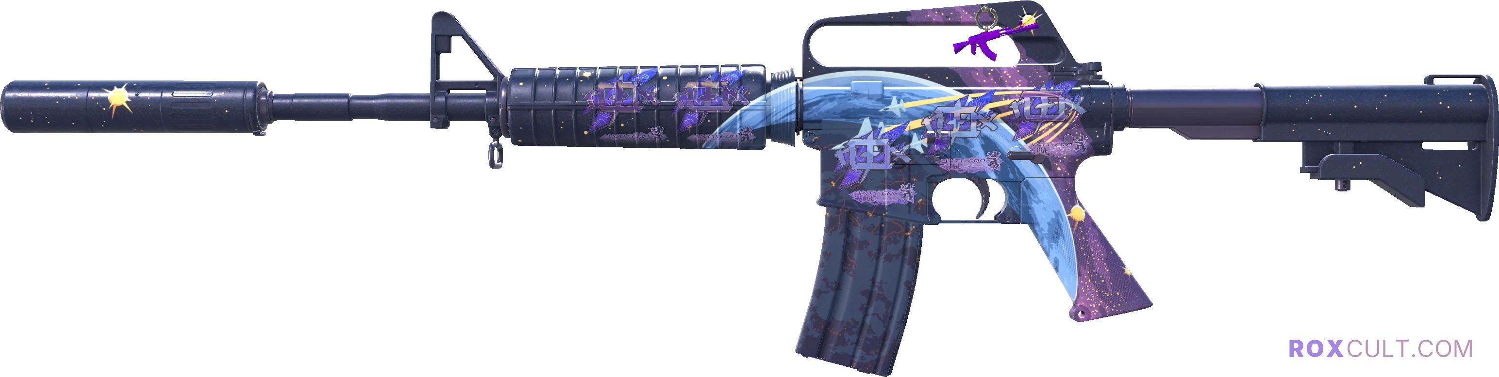 M4A1-S | Stratosphere (Factory New) — rox (Holo) Antwerp 2022 craft, playside view with 5 rox (Holo) stickers