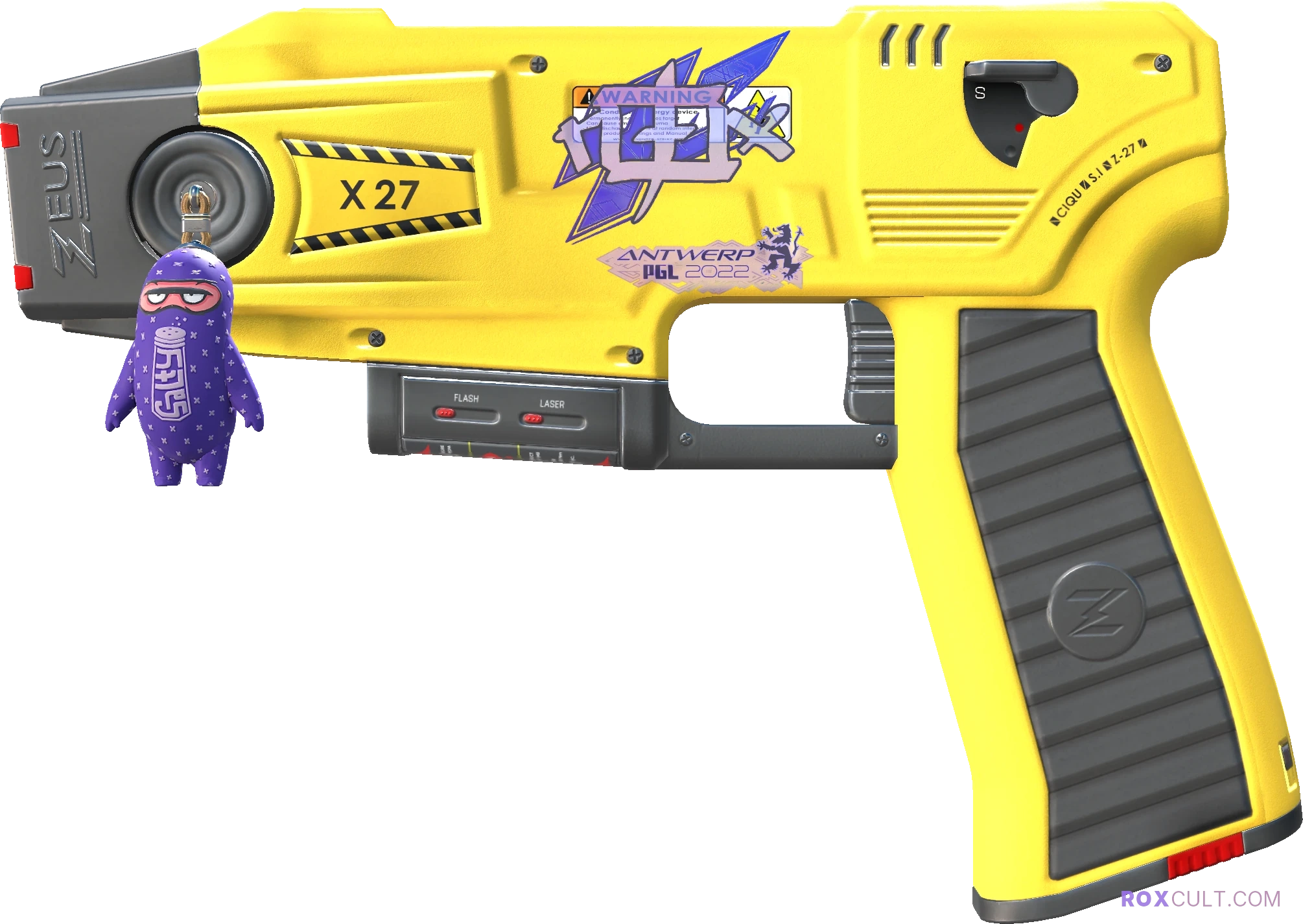 Zeus x27 | Charged Up (Factory New) — rox (Holo) Antwerp 2022 craft, playside view with 1 rox (Holo) sticker