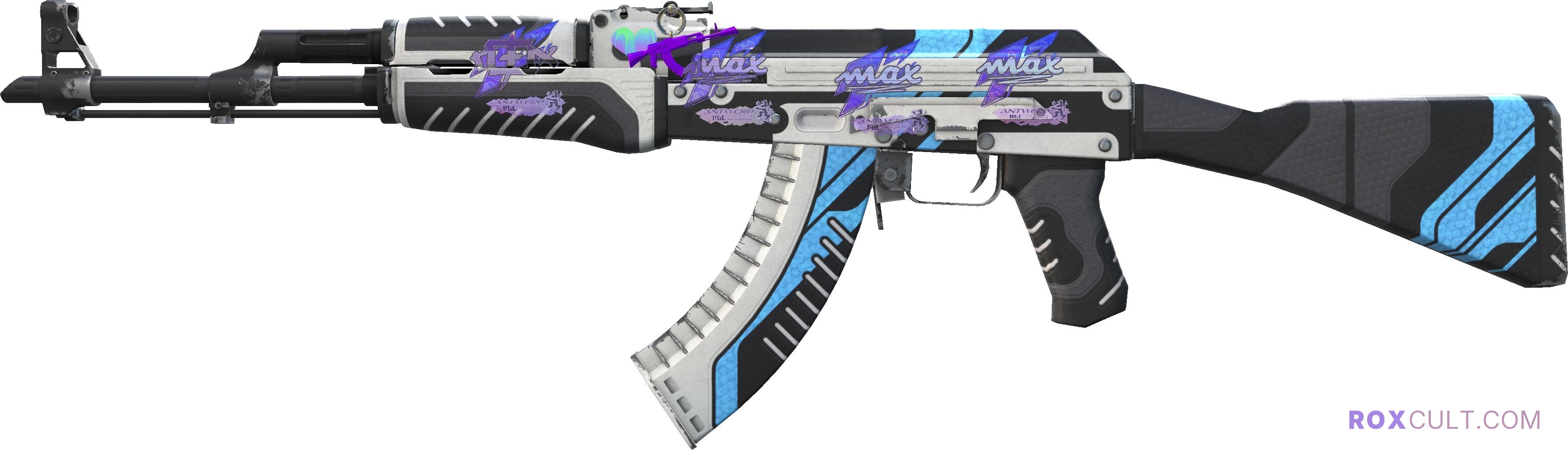 AK-47 | Vulcan (Minimal Wear) — rox (Holo) Antwerp 2022 craft, playside view with 1 rox (Holo) sticker