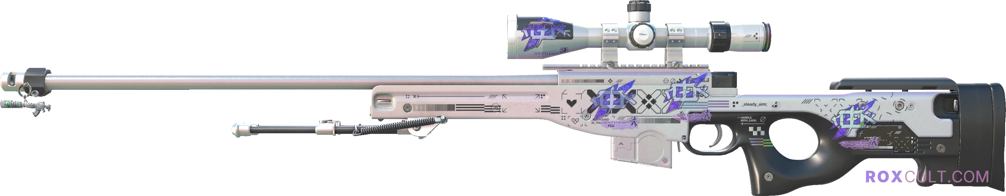 AWP | Printstream (Factory New) — rox (Holo) Antwerp 2022 craft, playside view with 4 rox (Holo) stickers