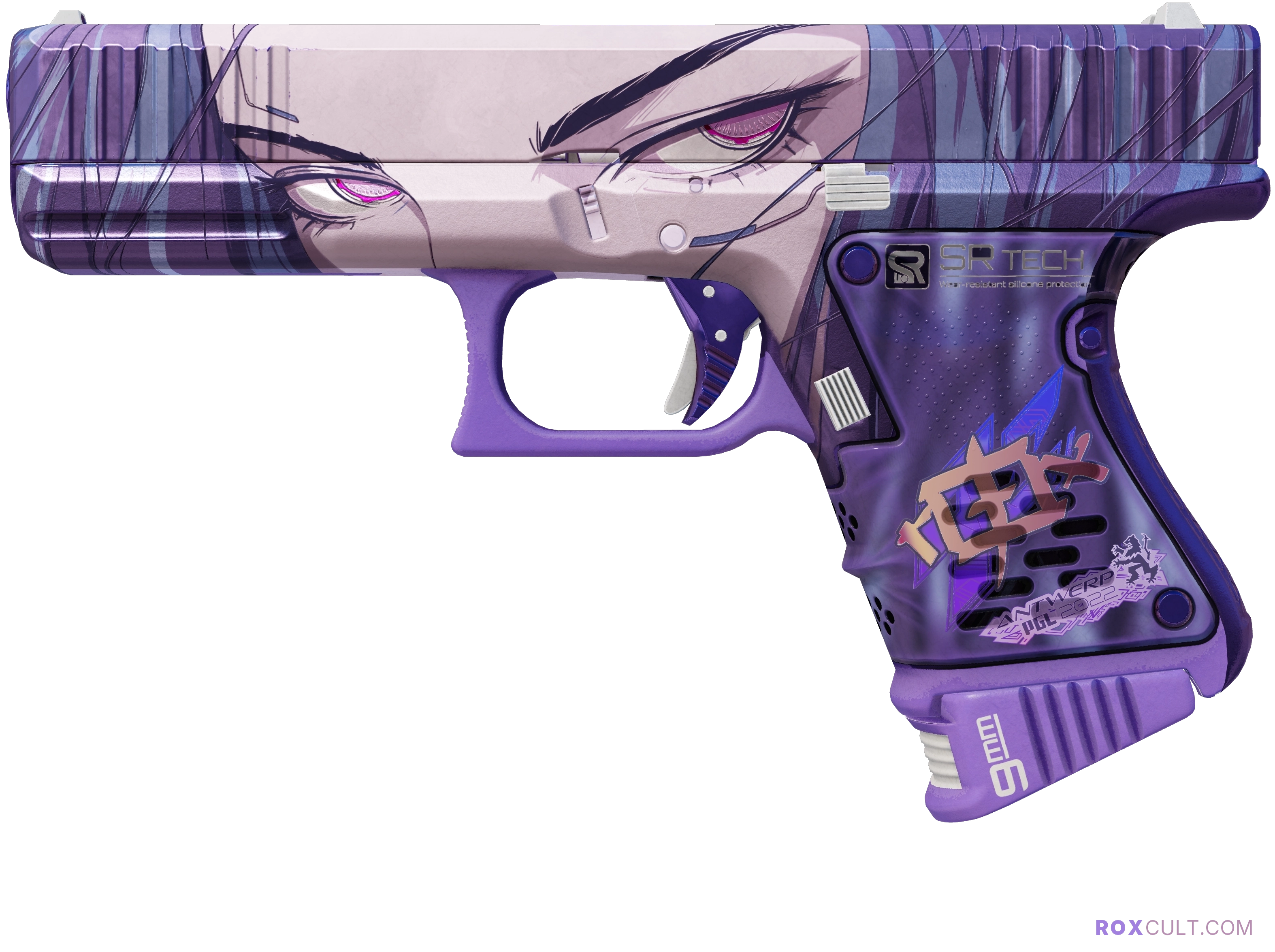 Glock-18 | Shinobu (Factory New) — rox (Holo) Antwerp 2022 craft, playside view with 1 rox (Holo) sticker