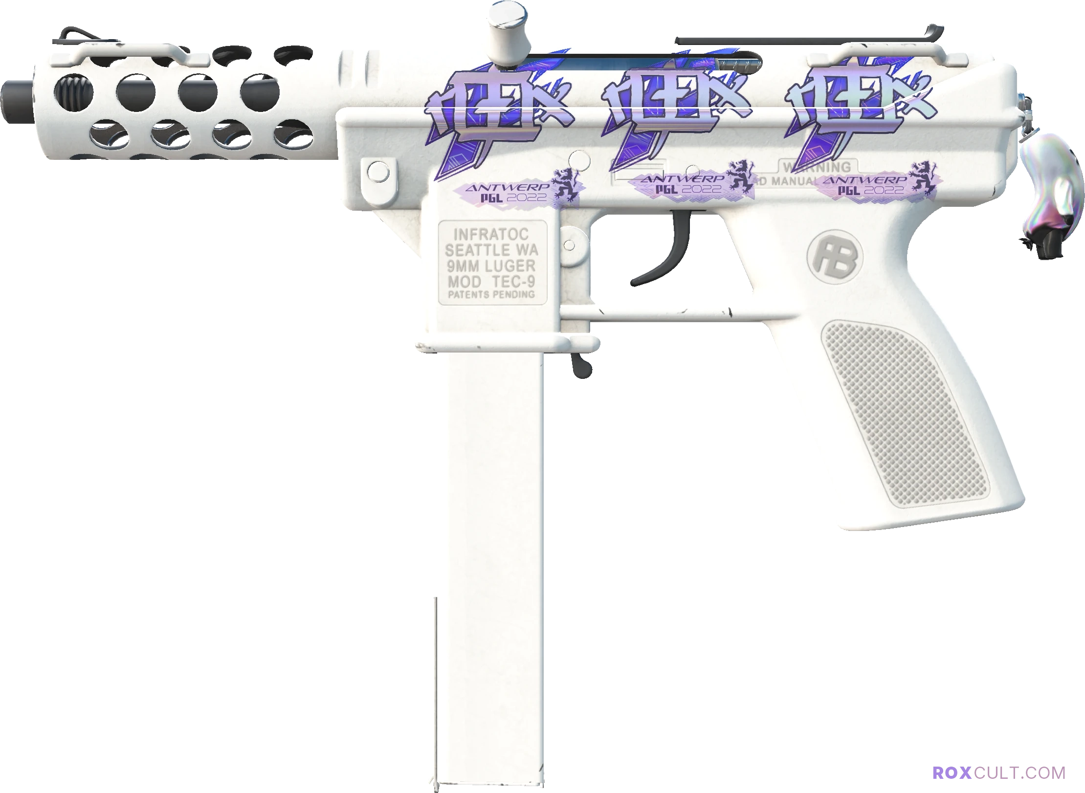 Tec-9 | Whiteout (Factory New) — rox (Holo) Antwerp 2022 craft, playside view with 3 rox (Holo) stickers