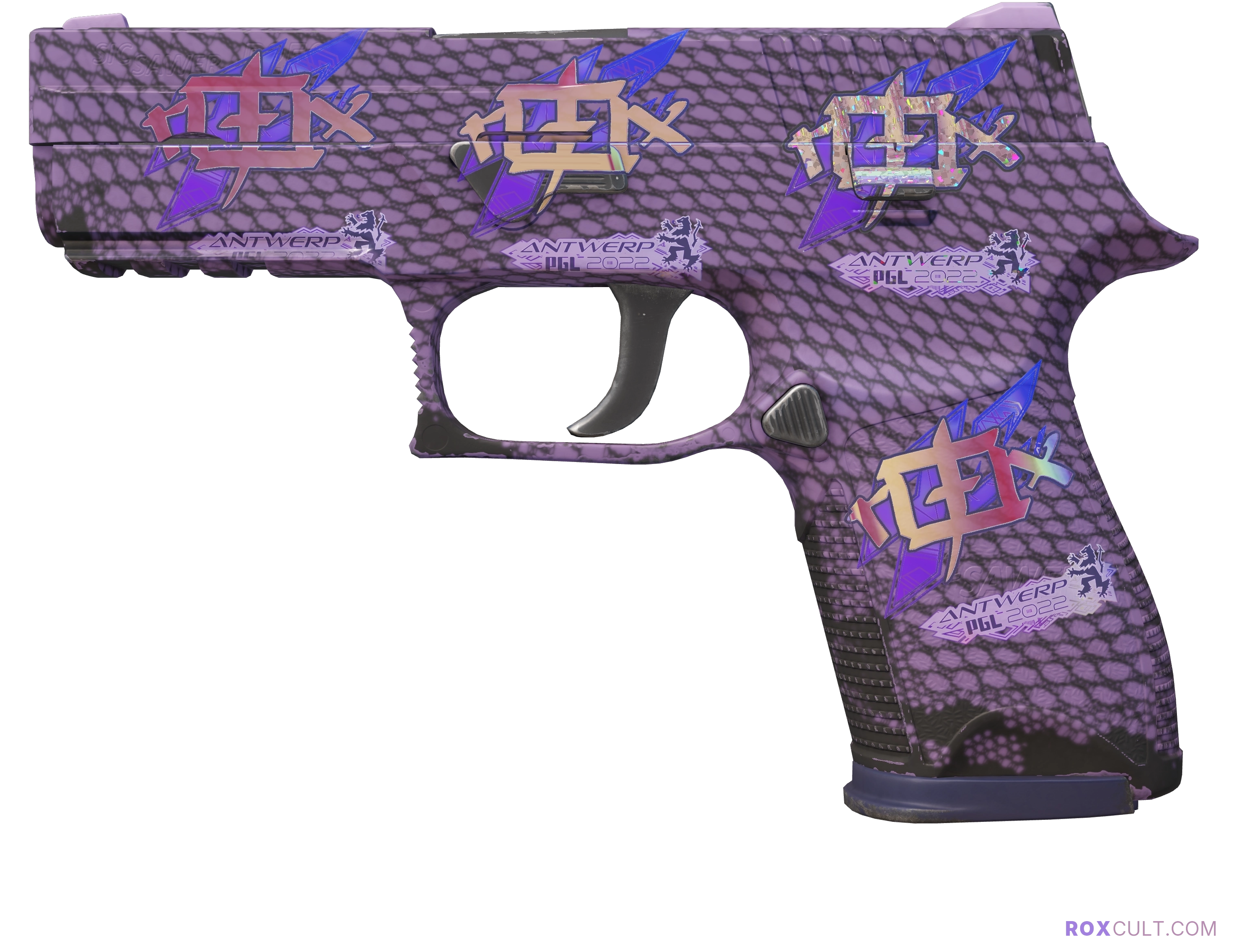 P250 | Plum Netting (Factory New) — rox (Holo) Antwerp 2022 craft, playside view with 4 rox (Holo) stickers