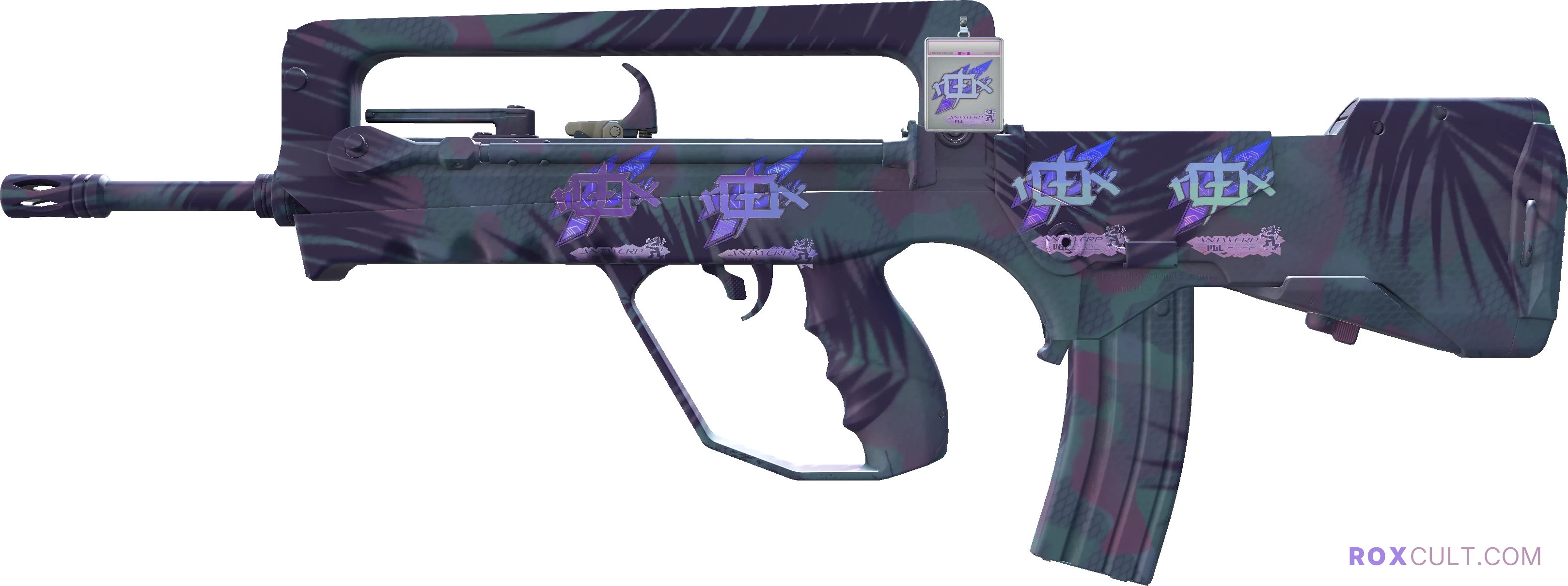 FAMAS | Sundown (Factory New) — rox (Holo) Antwerp 2022 craft, playside view with 4 rox (Holo) stickers