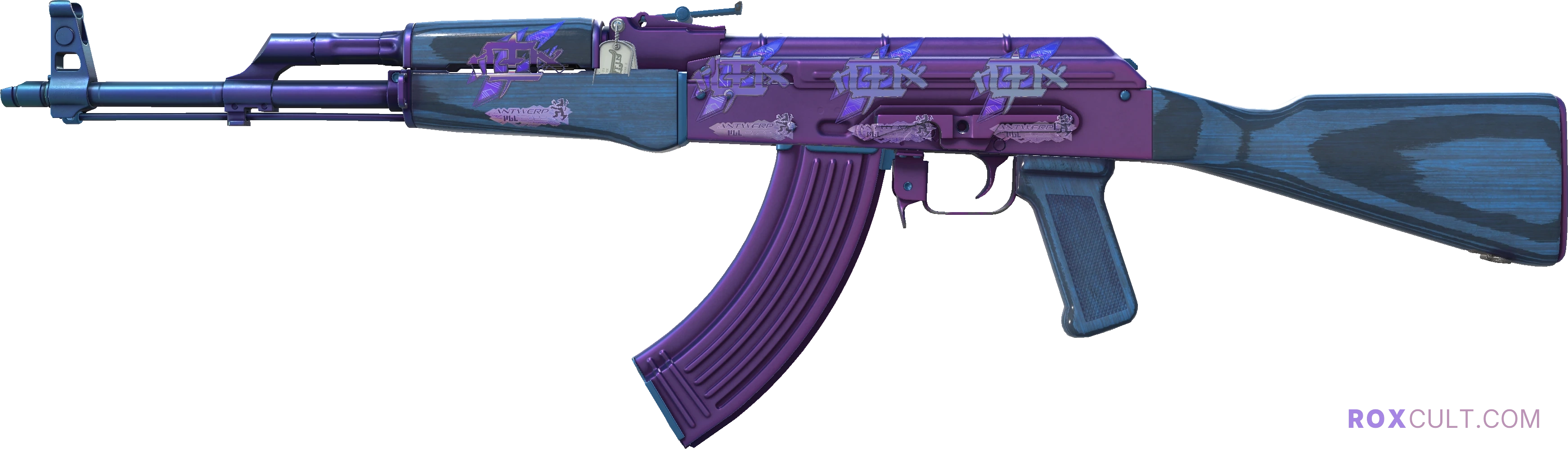 AK-47 | Midnight Laminate (Factory New) — rox (Holo) Antwerp 2022 craft, playside view with 4 rox (Holo) stickers