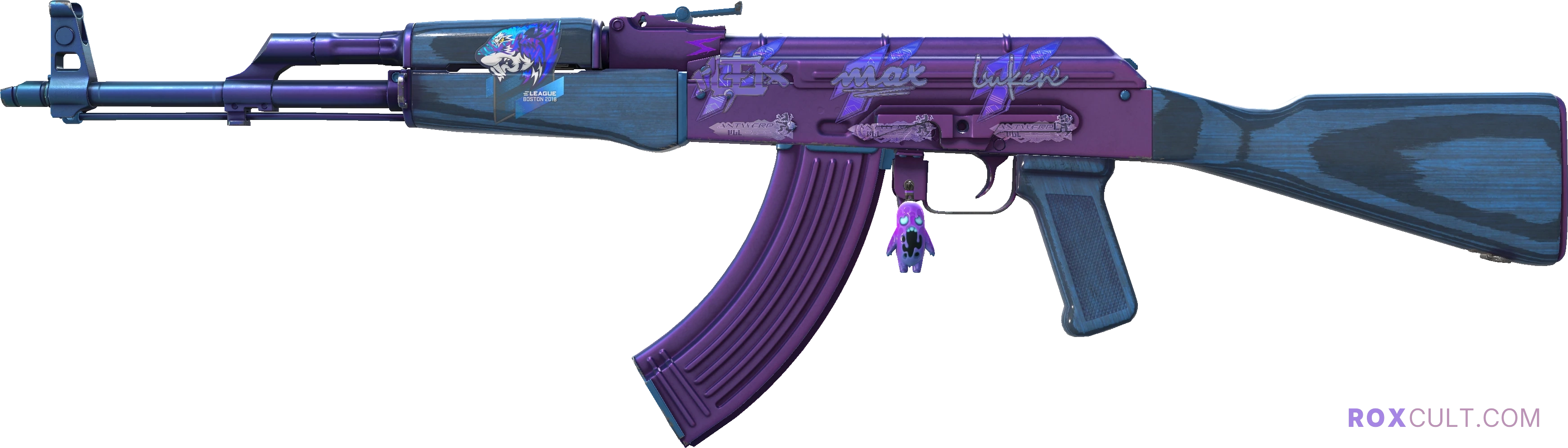 AK-47 | Midnight Laminate (Minimal Wear) — rox (Holo) Antwerp 2022 craft, playside view with 1 rox (Holo) sticker