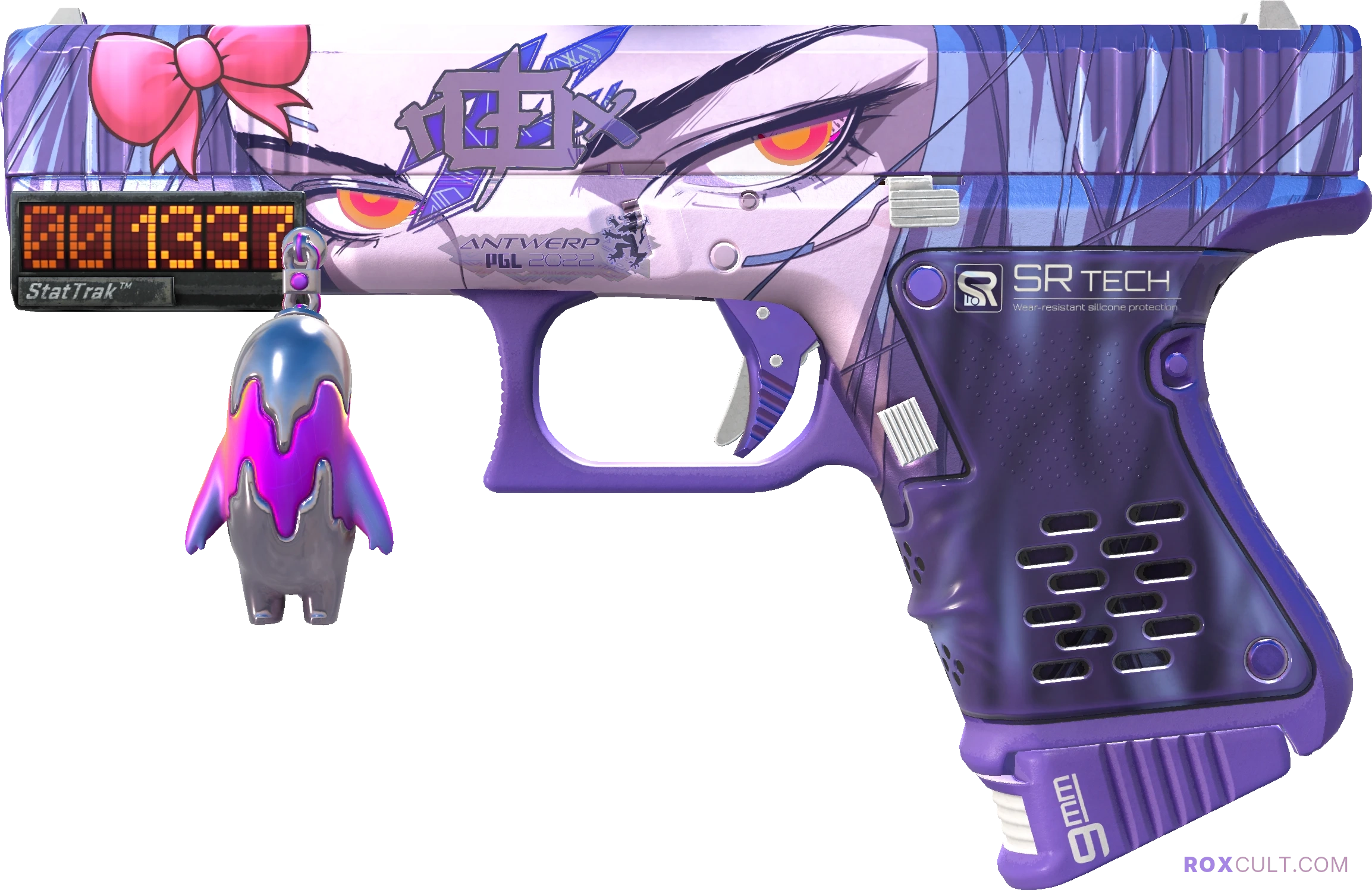 StatTrak™ Glock-18 | Shinobu (Factory New) — rox (Holo) Antwerp 2022 craft, playside view with 1 rox (Holo) sticker