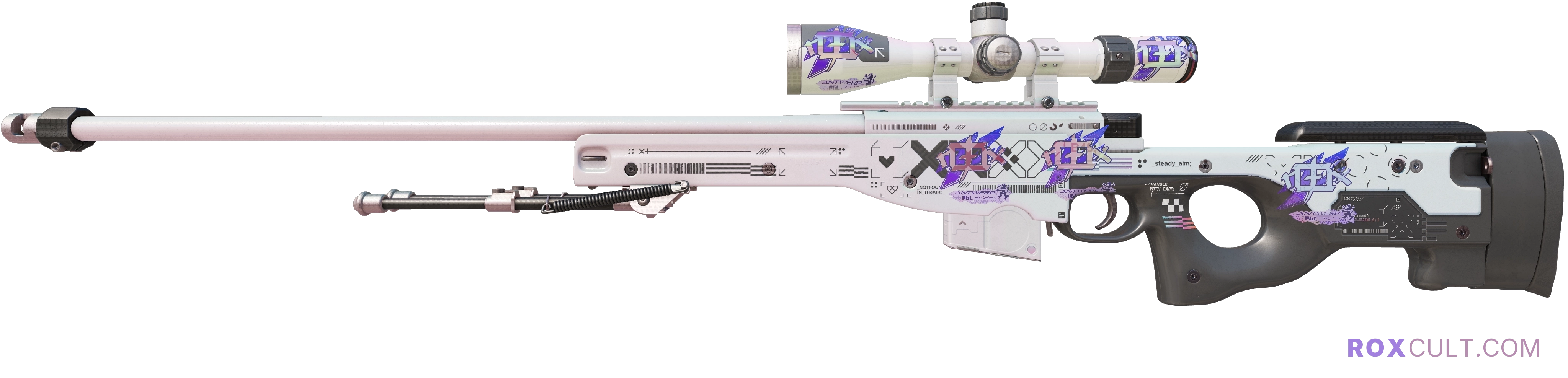 AWP | Printstream (Factory New) — rox (Holo) Antwerp 2022 craft, playside view with 5 rox (Holo) stickers