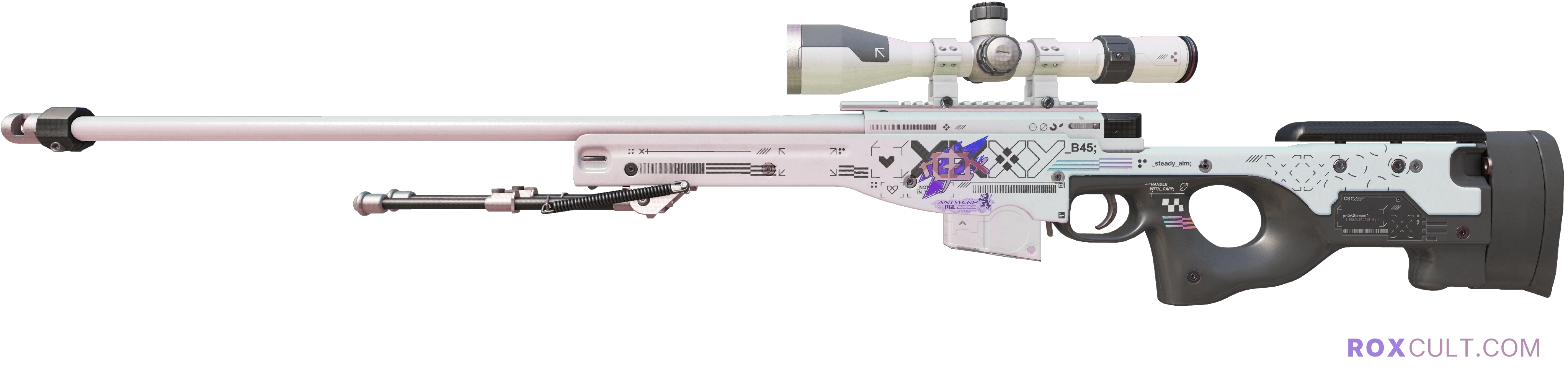 AWP | Printstream (Minimal Wear) — rox (Holo) Antwerp 2022 craft, playside view with 1 rox (Holo) sticker