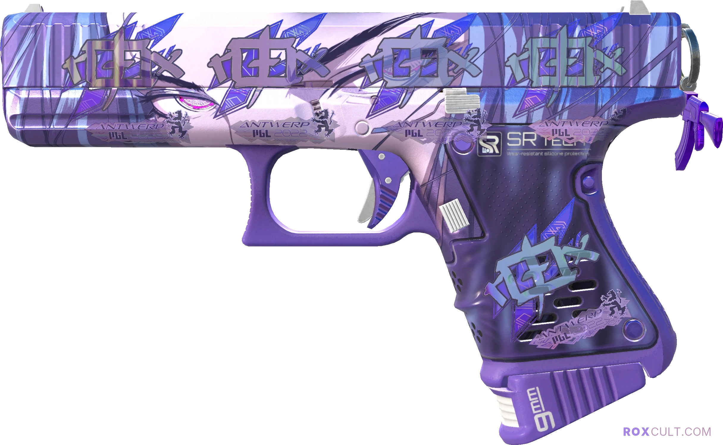 Glock-18 | Shinobu (Factory New) — rox (Holo) Antwerp 2022 craft, playside view with 5 rox (Holo) stickers