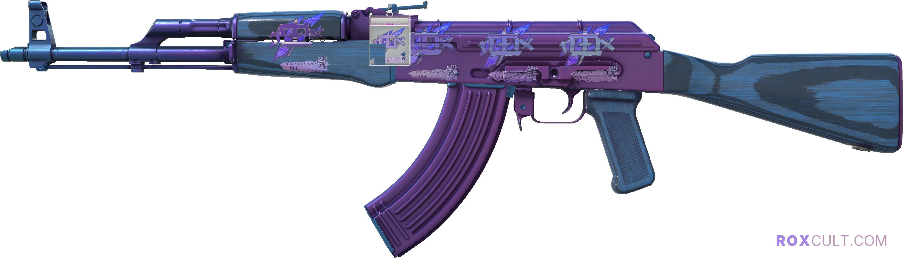 AK-47 | Midnight Laminate (Factory New) — rox (Holo) Antwerp 2022 craft, playside view with 4 rox (Holo) stickers