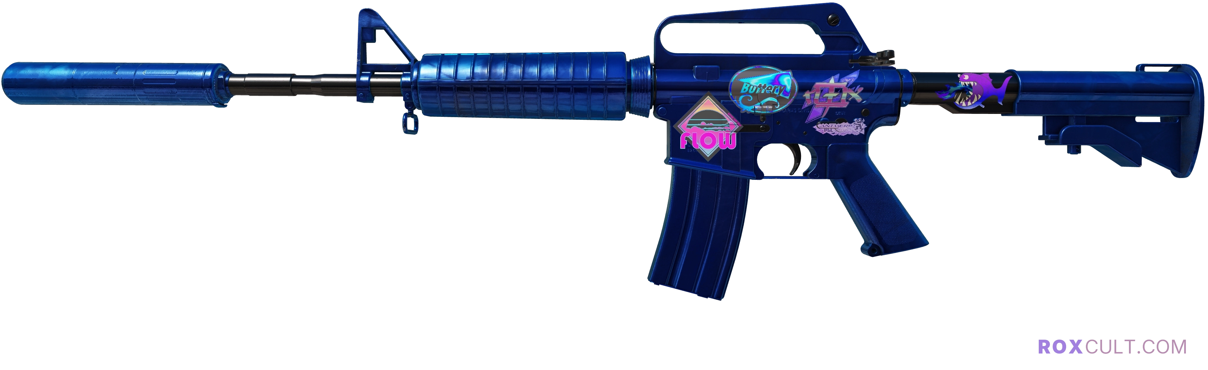 M4A1-S | Blue Phosphor (Factory New) — rox (Holo) Antwerp 2022 craft, playside view with 1 rox (Holo) sticker