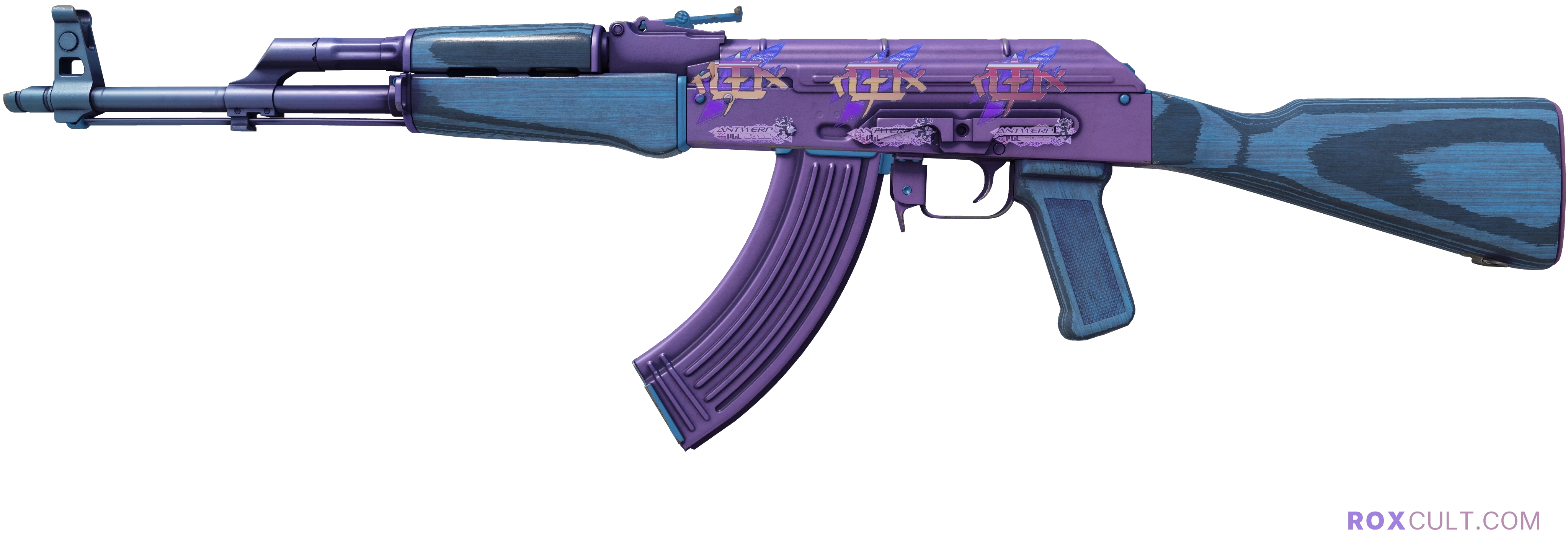 AK-47 | Midnight Laminate (Minimal Wear) — rox (Holo) Antwerp 2022 craft, playside view with 3 rox (Holo) stickers