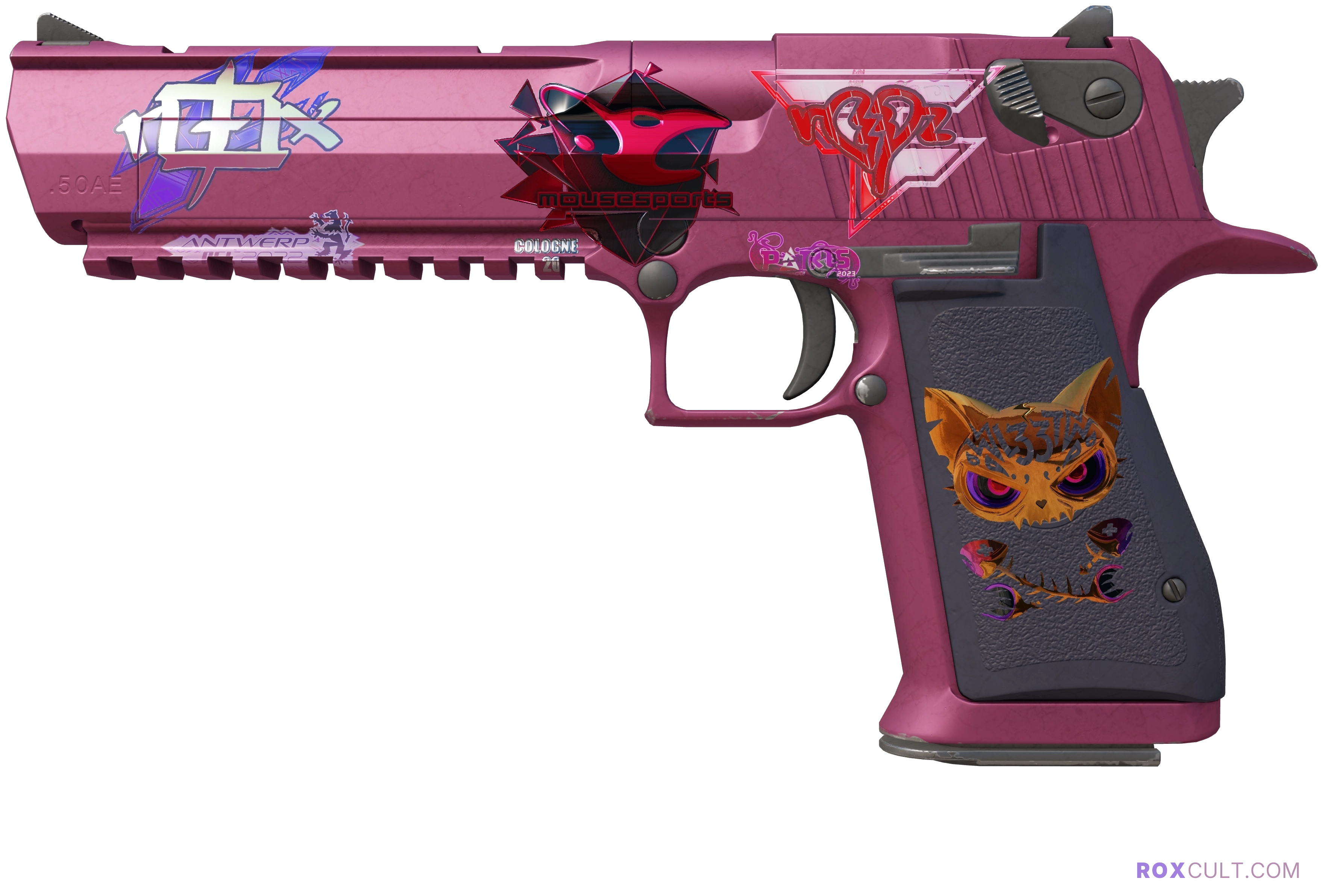 Desert Eagle | Mulberry (Minimal Wear) — rox (Holo) Antwerp 2022 craft, playside view with 1 rox (Holo) sticker