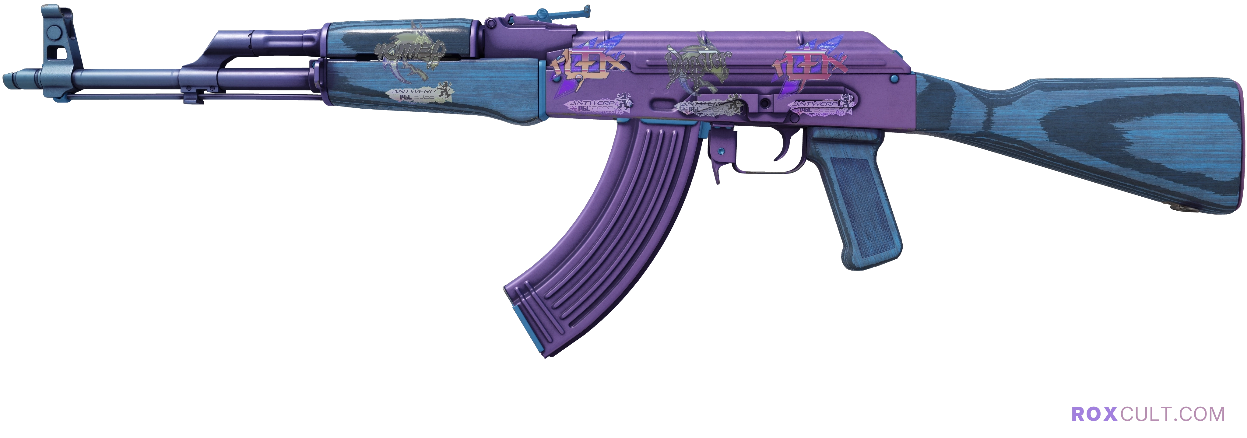 AK-47 | Midnight Laminate (Factory New) — rox (Holo) Antwerp 2022 craft, playside view with 2 rox (Holo) stickers
