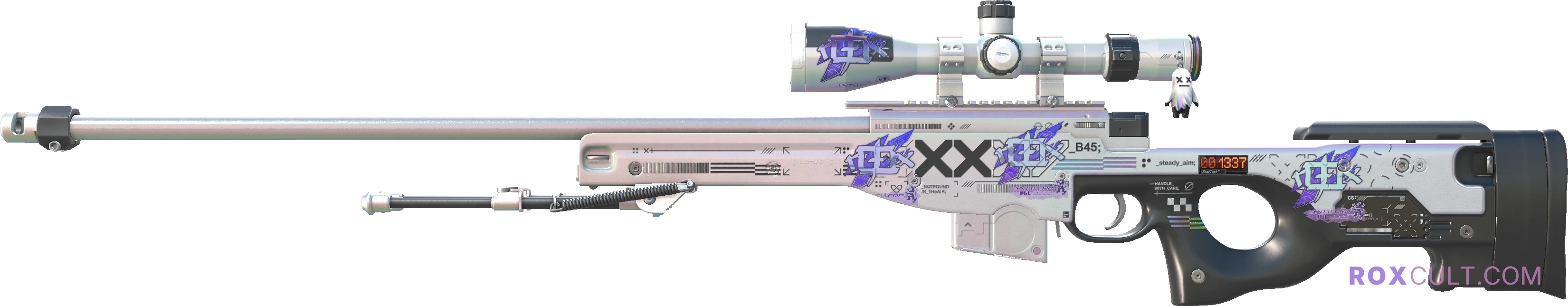 StatTrak™ AWP | Printstream (Factory New) — rox (Holo) Antwerp 2022 craft, playside view with 4 rox (Holo) stickers