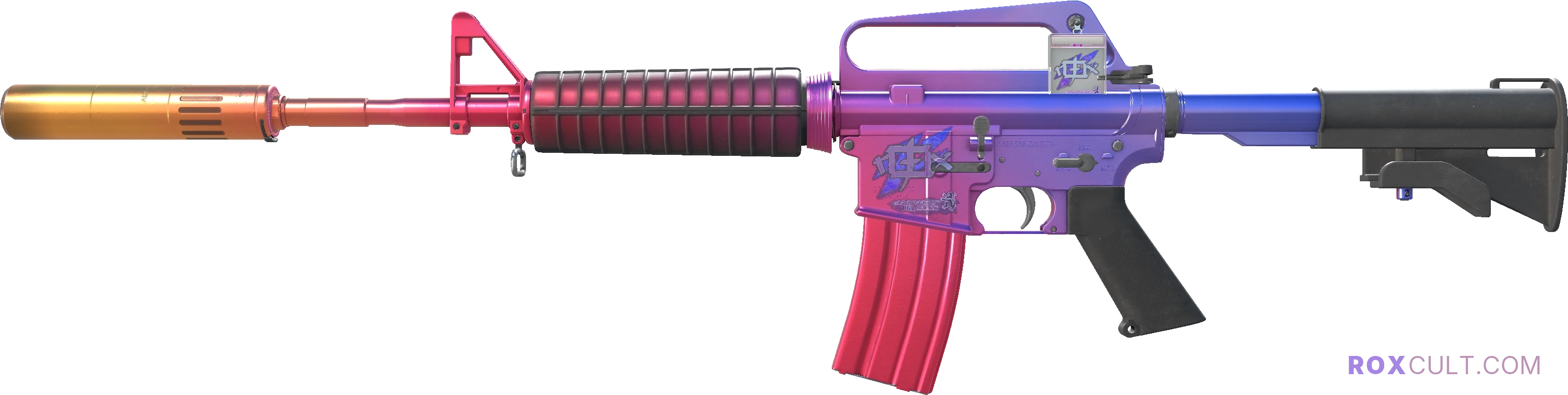 M4A1-S | Fade (Factory New) — rox (Holo) Antwerp 2022 craft, playside view with 1 rox (Holo) sticker