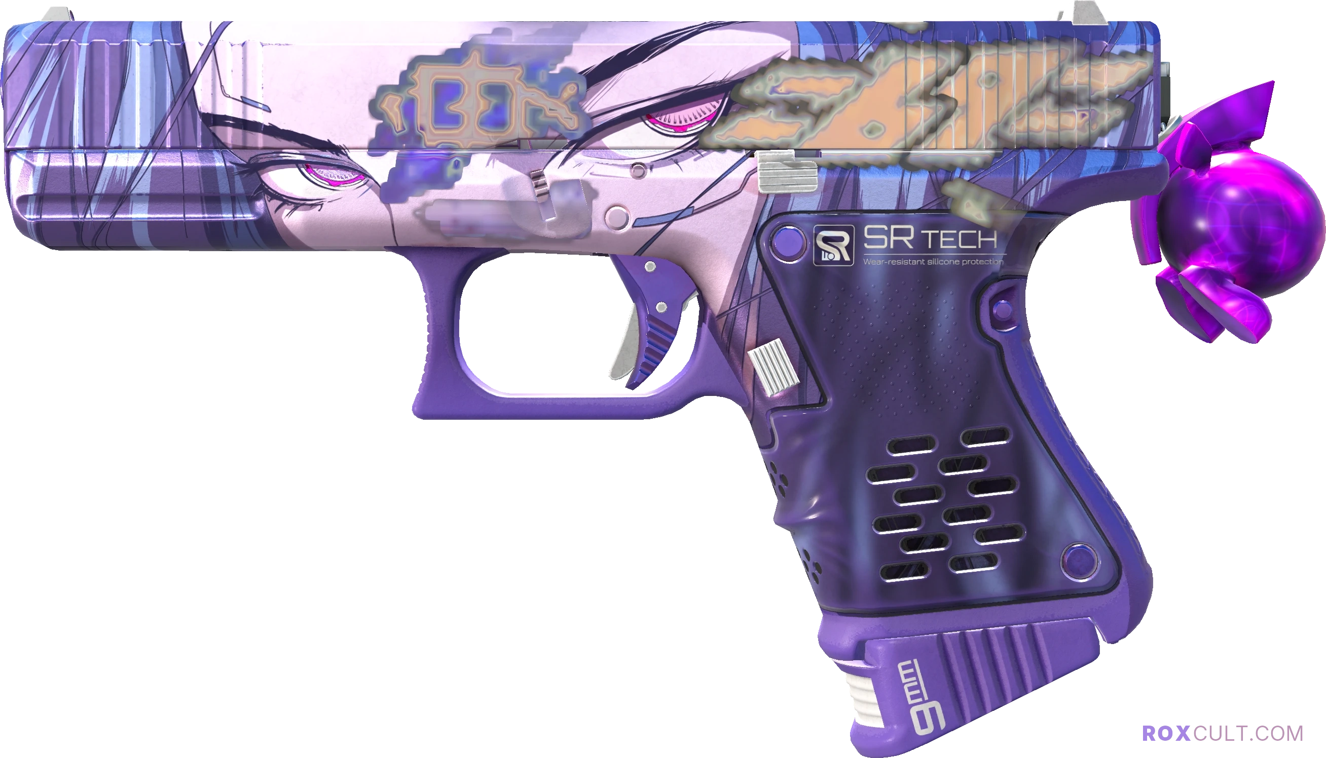 Glock-18 | Shinobu (Factory New) — rox (Holo) Antwerp 2022 craft, playside view with 1 rox (Holo) sticker