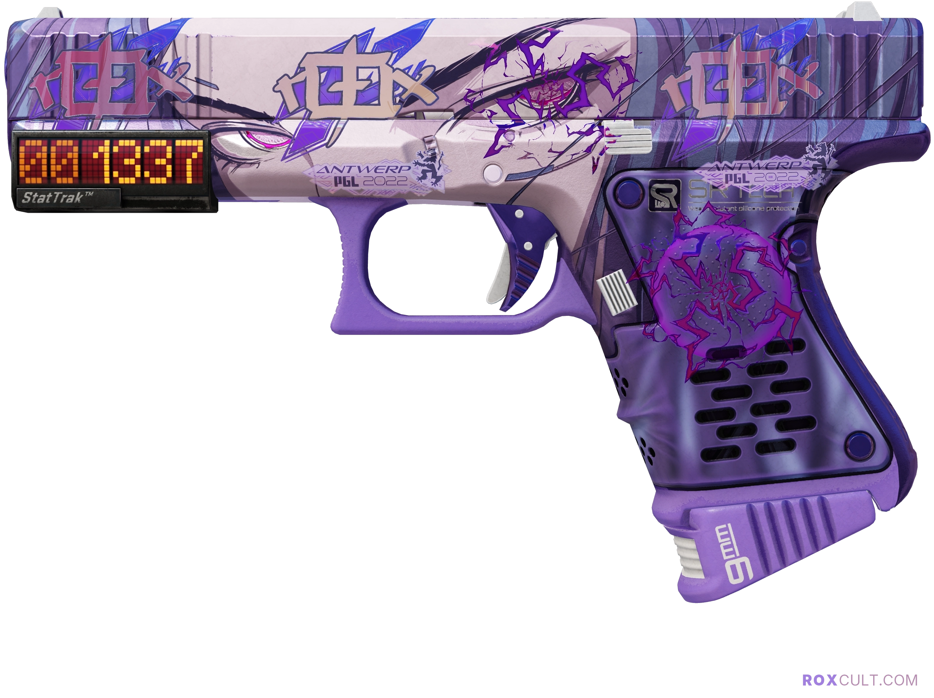 StatTrak™ Glock-18 | Shinobu (Factory New) — rox (Holo) Antwerp 2022 craft, playside view with 3 rox (Holo) stickers