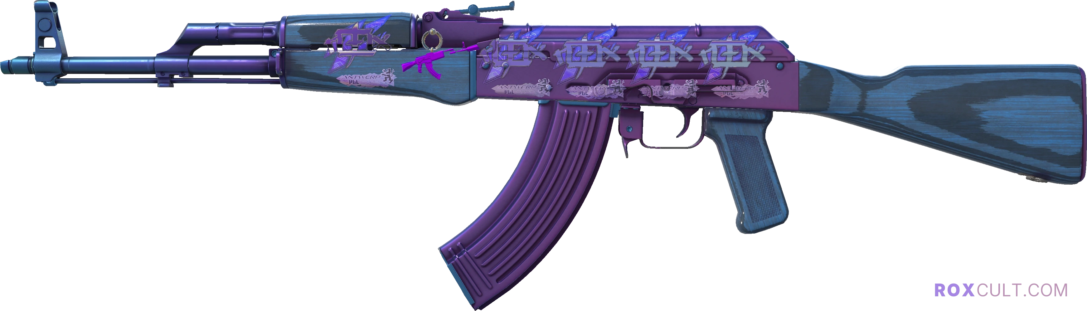 AK-47 | Midnight Laminate (Factory New) — rox (Holo) Antwerp 2022 craft, playside view with 5 rox (Holo) stickers