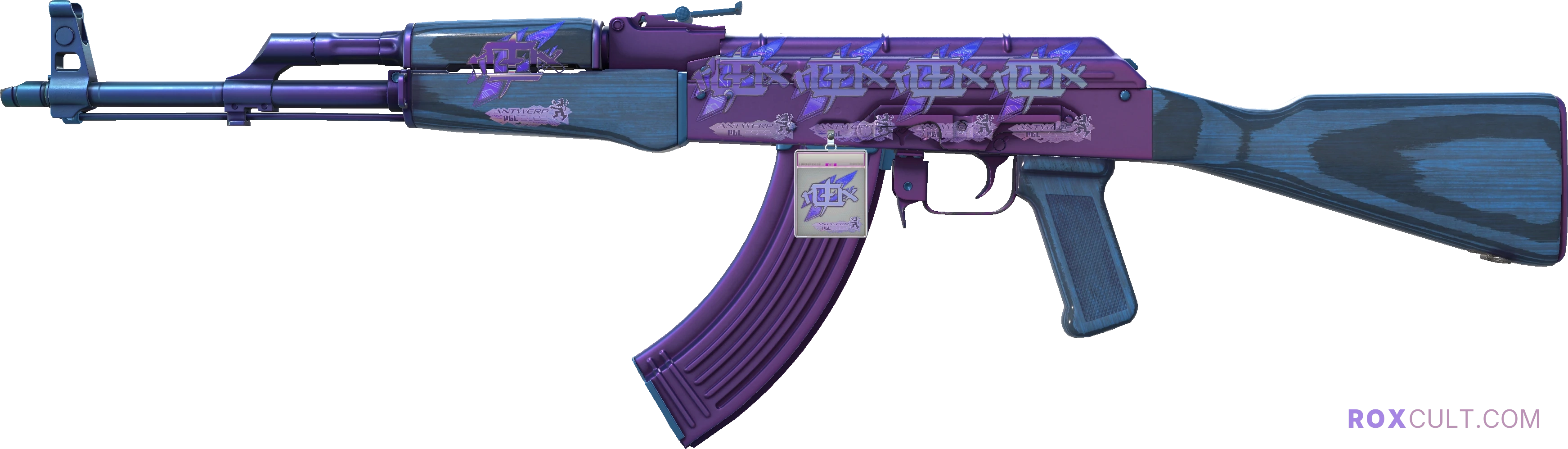 AK-47 | Midnight Laminate (Factory New) — rox (Holo) Antwerp 2022 craft, playside view with 5 rox (Holo) stickers