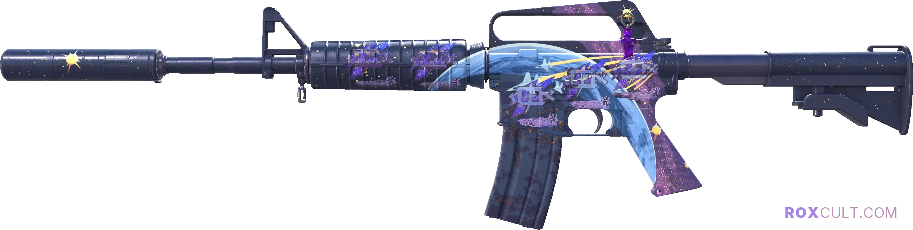 M4A1-S | Stratosphere (Factory New) — rox (Holo) Antwerp 2022 craft, playside view with 5 rox (Holo) stickers