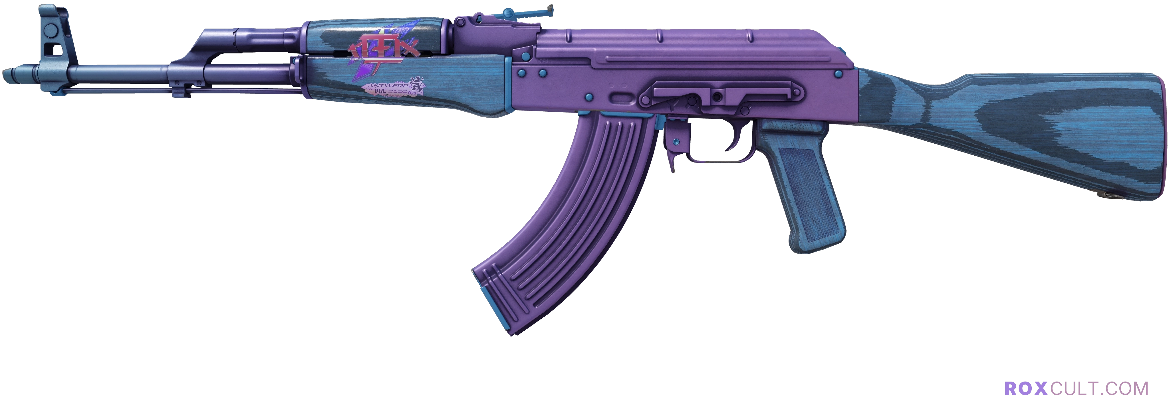 AK-47 | Midnight Laminate (Factory New) — rox (Holo) Antwerp 2022 craft, playside view with 1 rox (Holo) sticker