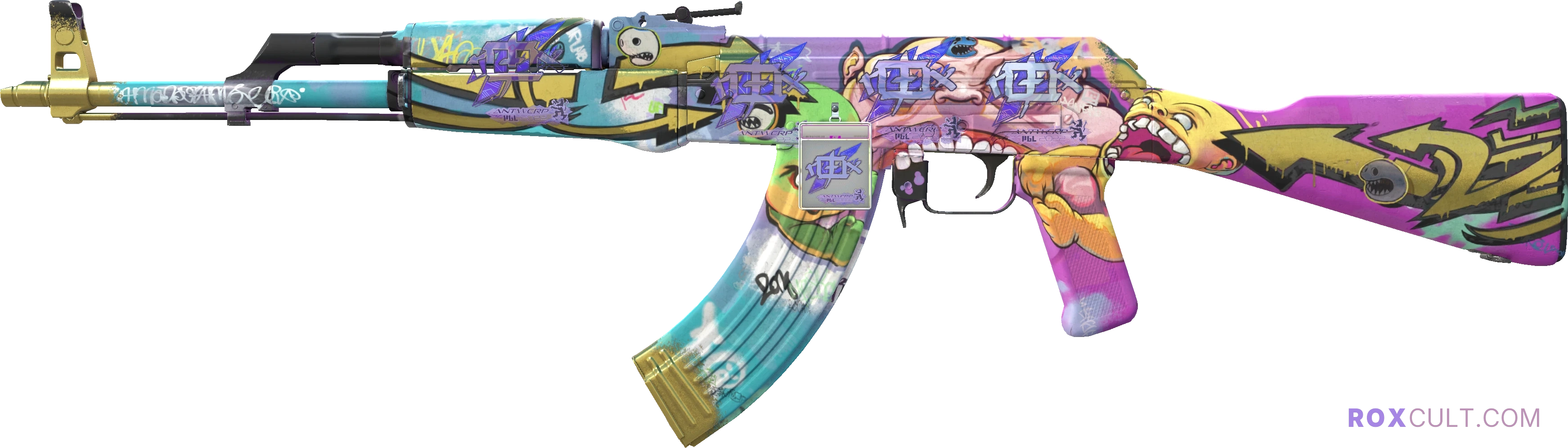 AK-47 | B the Monster (Field-Tested) — rox (Holo) Antwerp 2022 craft, playside view with 4 rox (Holo) stickers