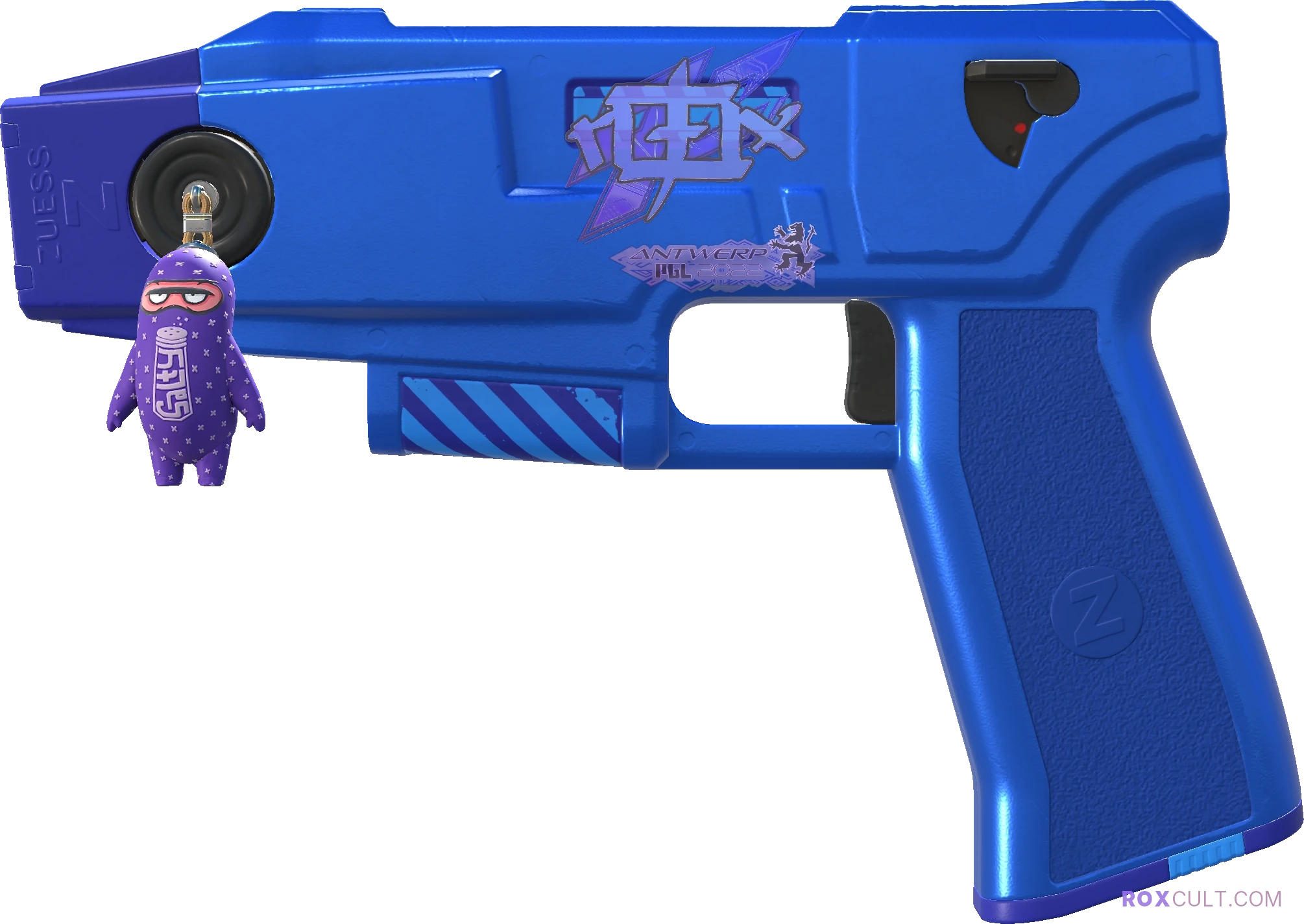 Zeus x27 | Electric Blue (Factory New) — rox (Holo) Antwerp 2022 craft, playside view with 1 rox (Holo) sticker