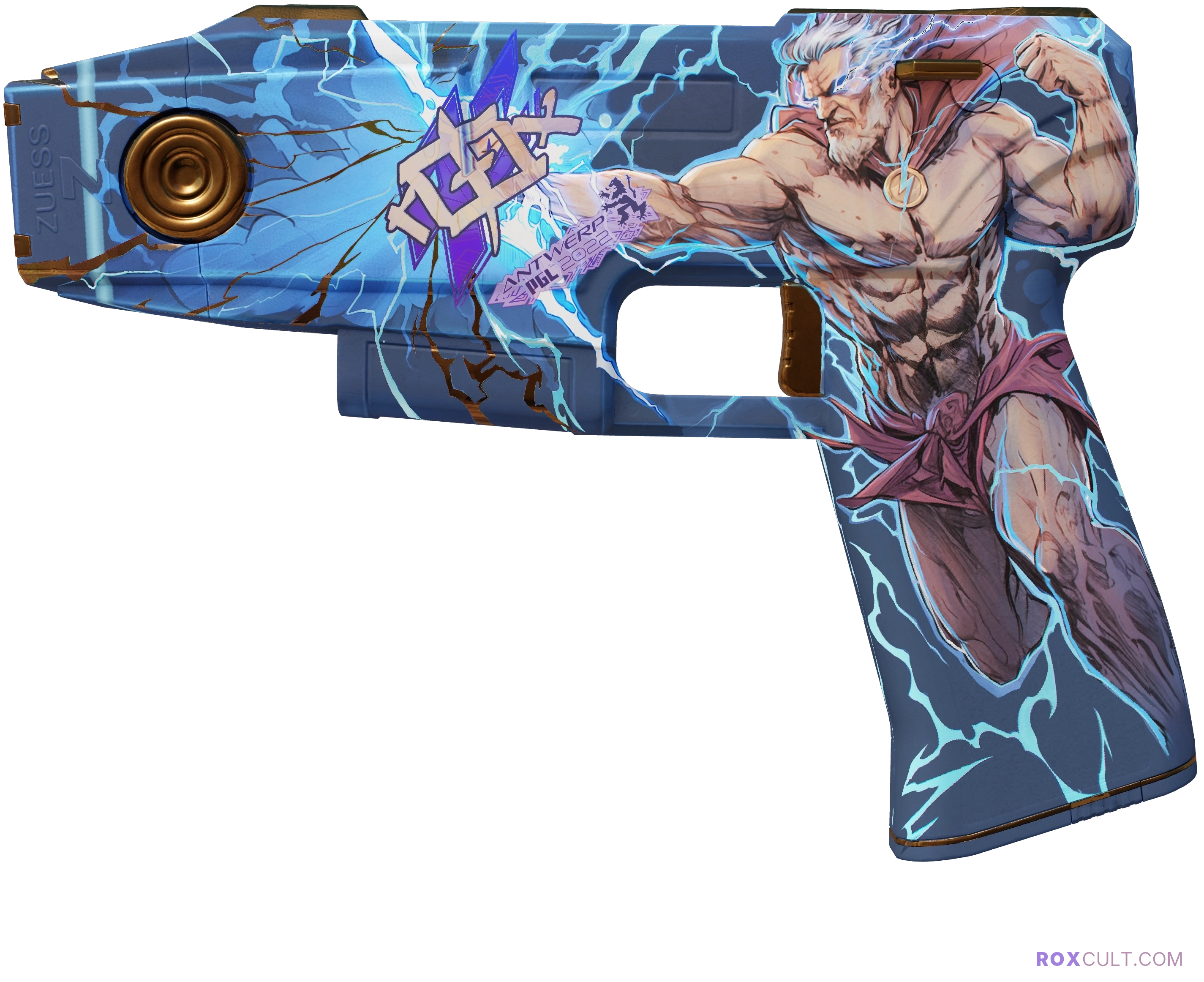 Zeus x27 | Olympus (Factory New) — rox (Holo) Antwerp 2022 craft, playside view with 1 rox (Holo) sticker