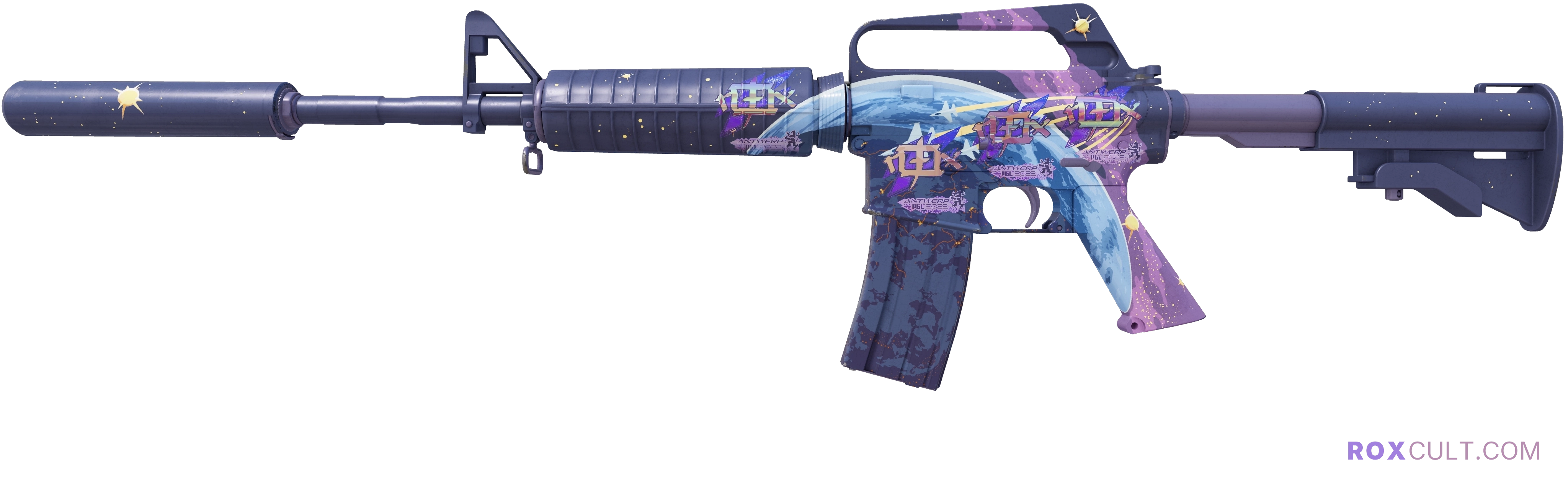 M4A1-S | Stratosphere (Factory New) — rox (Holo) Antwerp 2022 craft, playside view with 4 rox (Holo) stickers