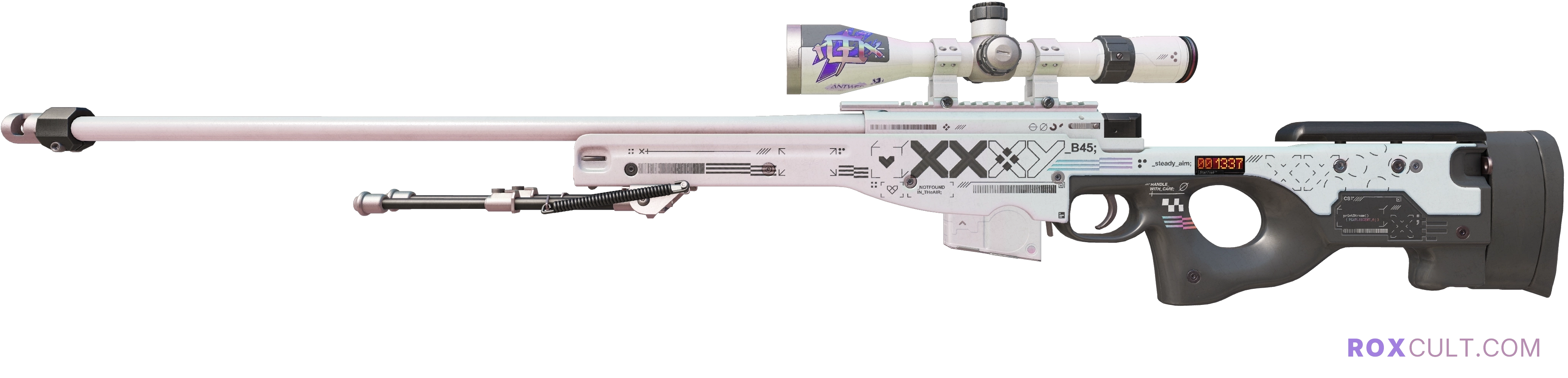 StatTrak™ AWP | Printstream (Minimal Wear) — rox (Holo) Antwerp 2022 craft, playside view with 1 rox (Holo) sticker