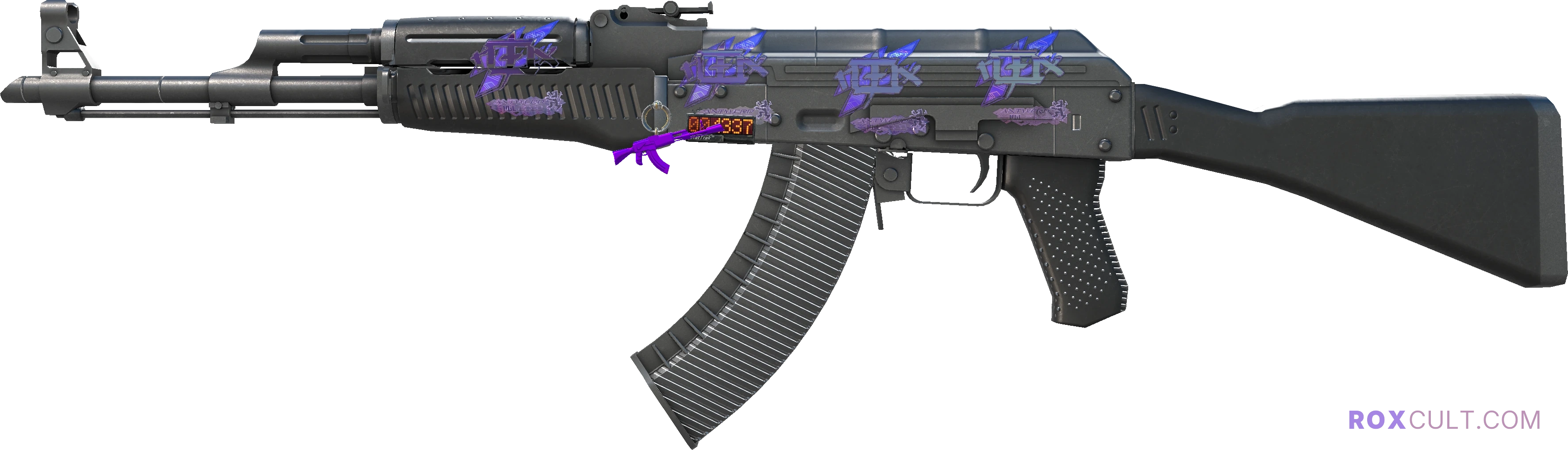 StatTrak™ AK-47 | Slate (Factory New) — rox (Holo) Antwerp 2022 craft, playside view with 4 rox (Holo) stickers
