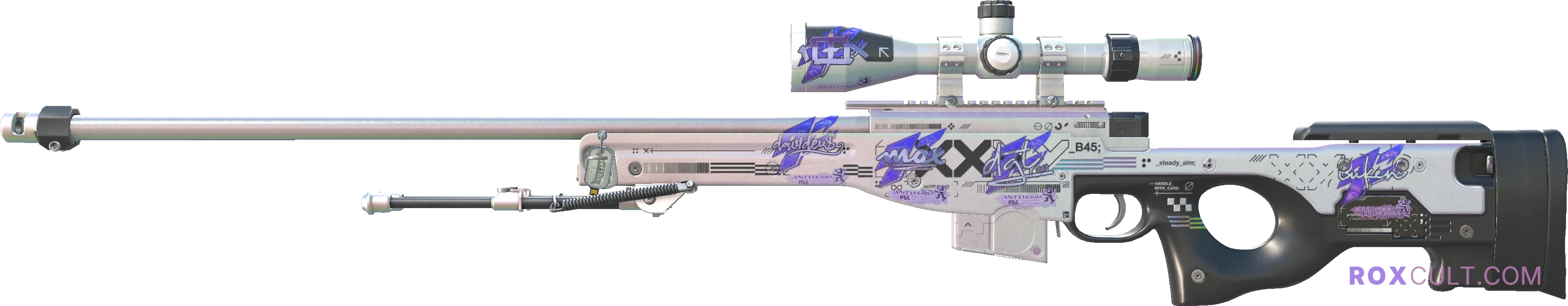AWP | Printstream (Minimal Wear) — rox (Holo) Antwerp 2022 craft, playside view with 1 rox (Holo) sticker