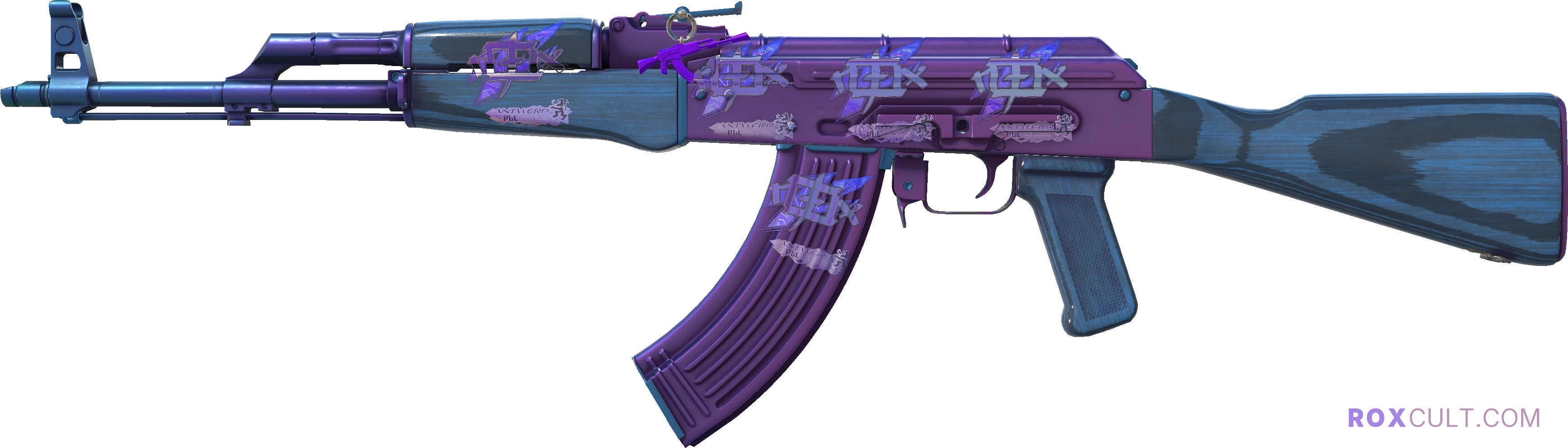 AK-47 | Midnight Laminate (Factory New) — rox (Holo) Antwerp 2022 craft, playside view with 5 rox (Holo) stickers