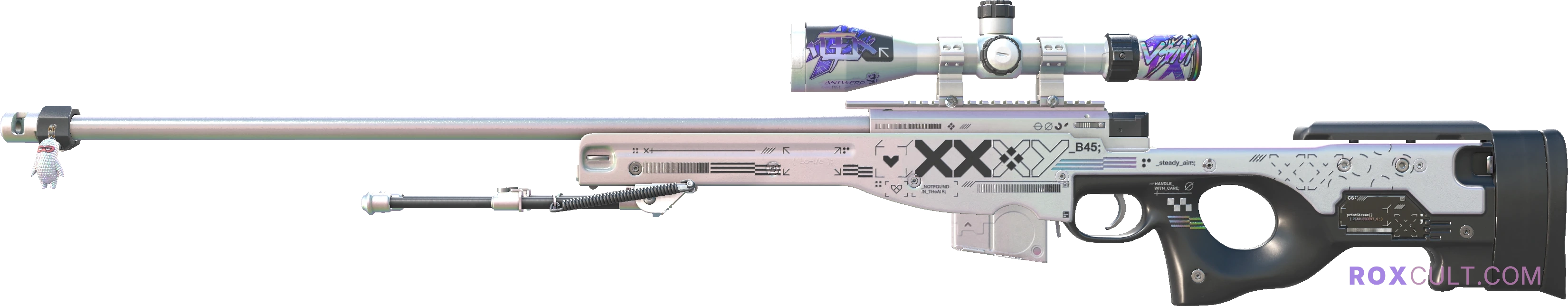 AWP | Printstream (Factory New) — rox (Holo) Antwerp 2022 craft, playside view with 1 rox (Holo) sticker