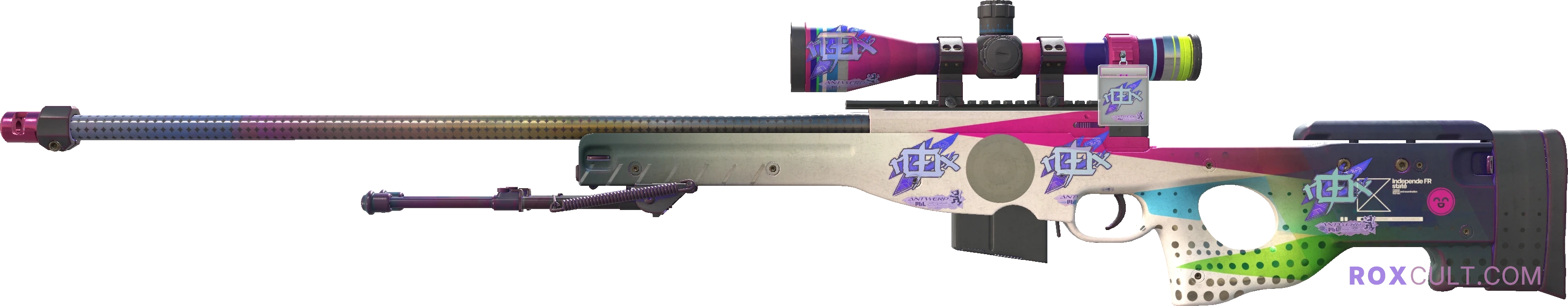 AWP | CMYK (Field-Tested) — rox (Holo) Antwerp 2022 craft, playside view with 4 rox (Holo) stickers